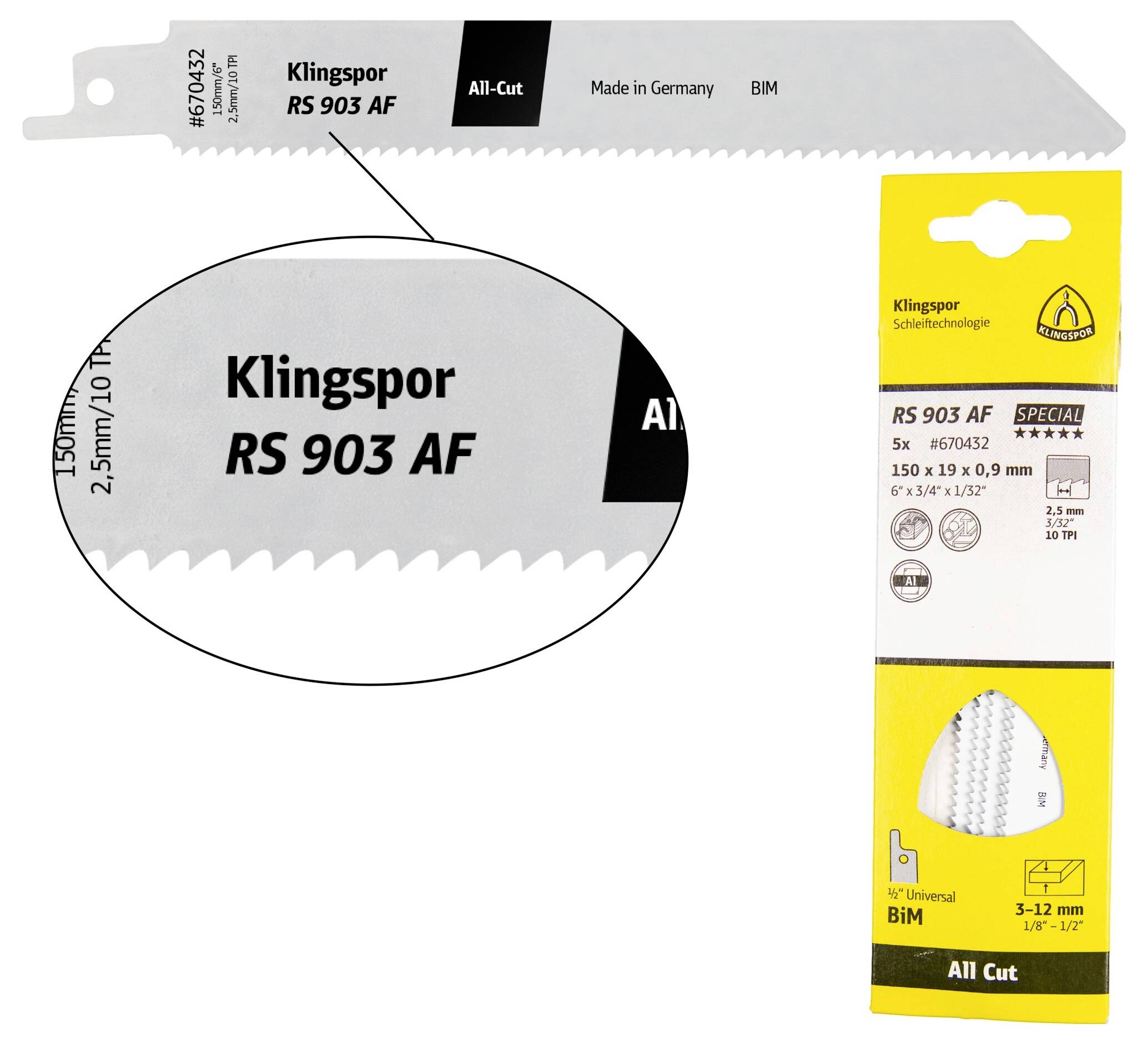 Klingspor 670362 RS 903 AF Säbelsägeblätter, 200 x 19 x 0,9mm Nutzlänge 180Bi-Metall, gefräst, geschränkt , 10 Zähne pro Zoll