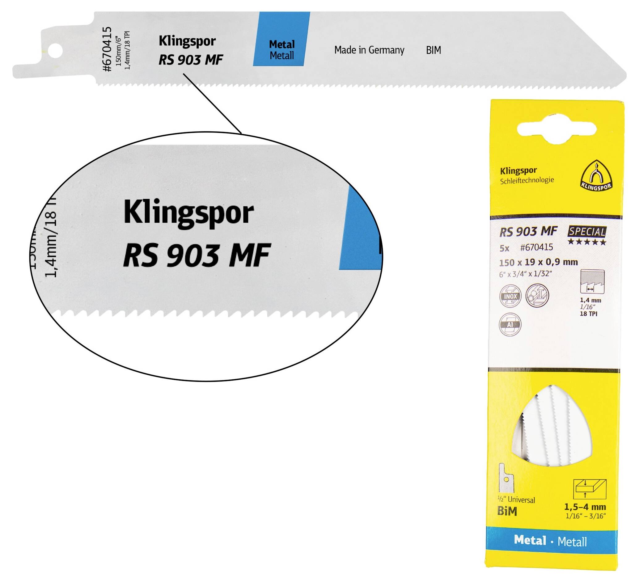 Klingspor 670415 RS 903 MF Säbelsägeblätter, 150 x 19 x 0,9mm Nutzlänge 130Bi-Metall, gefräst, geschränkt , 18 Zähne pro Zoll