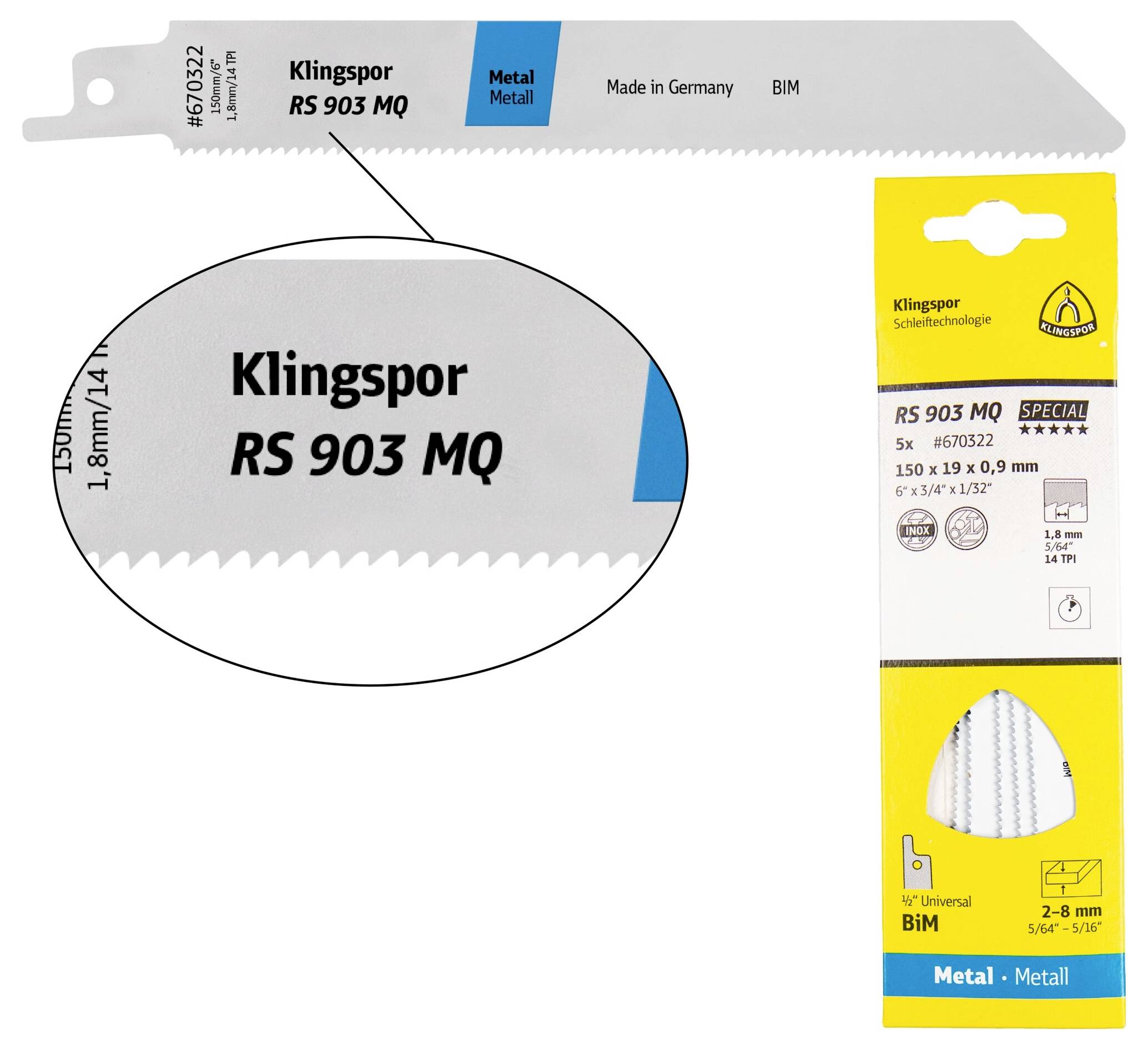 Klingspor 670322 RS 903 MQ Säbelsägeblätter, 150 x 19 x 0,9mm Nutzlänge 130Bi-Metall, gefräst, geschränkt , 14 Zähne pro Zoll