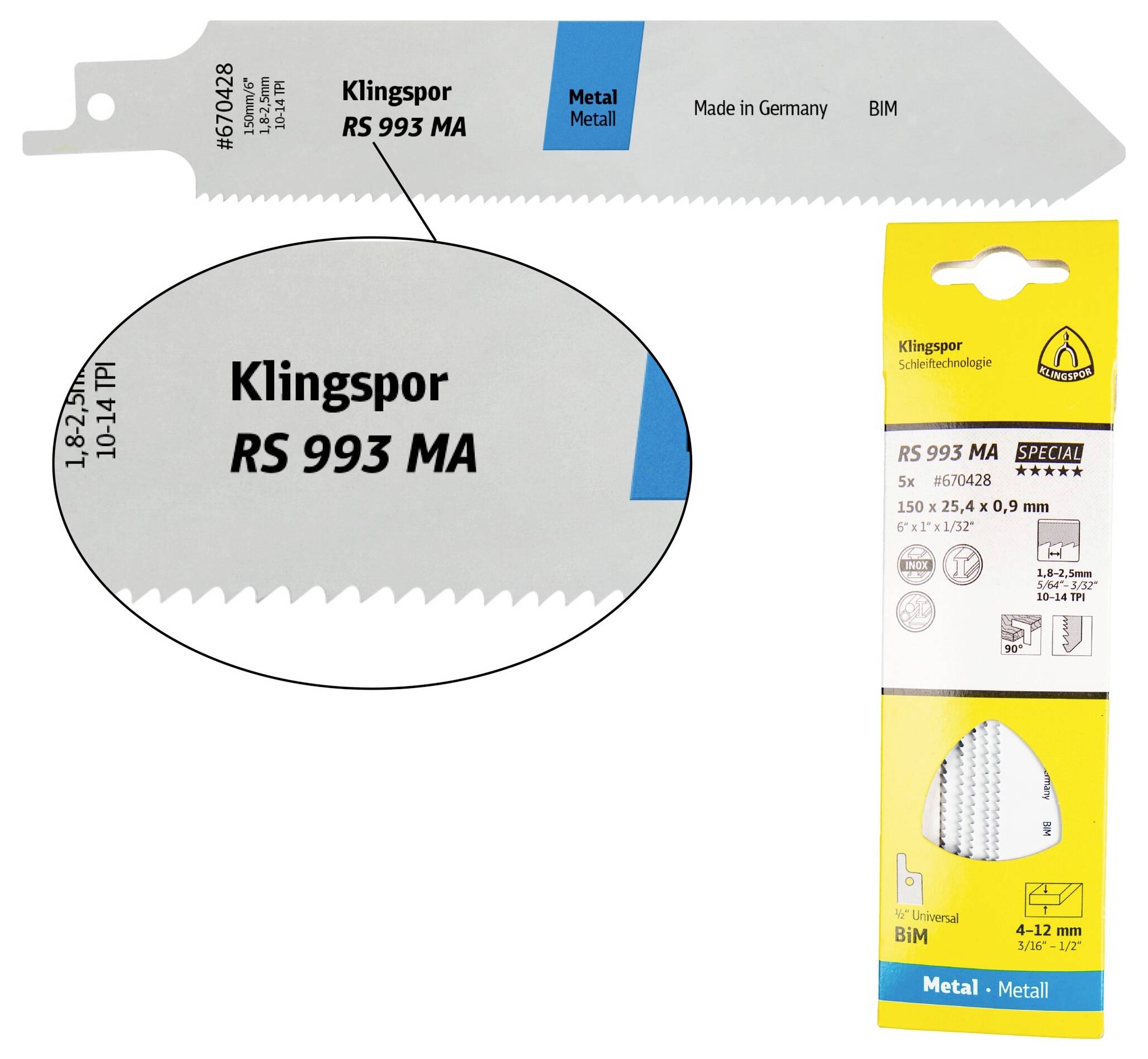 Klingspor 670338 RS 993MA Säbelsägeblätter, 225 x 25,4 x 0,9mm Nutzlänge 205Bi-Metall, gefräst, geschränkt , 10-14 Zähne pro Zoll