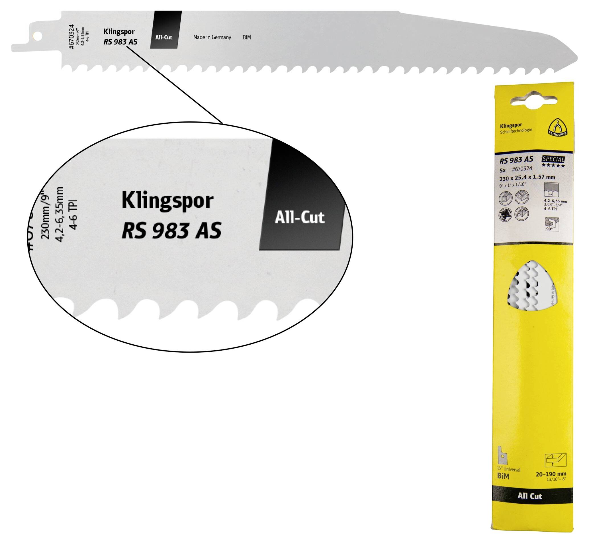 Klingspor 670324 RS 983 AS Säbelsägeblätter, 230 x 25,4 x 1,57mm Nutzlänge 210Bi-Metall, gefräst, geschränkt , 4-6 Zähne pro Zoll