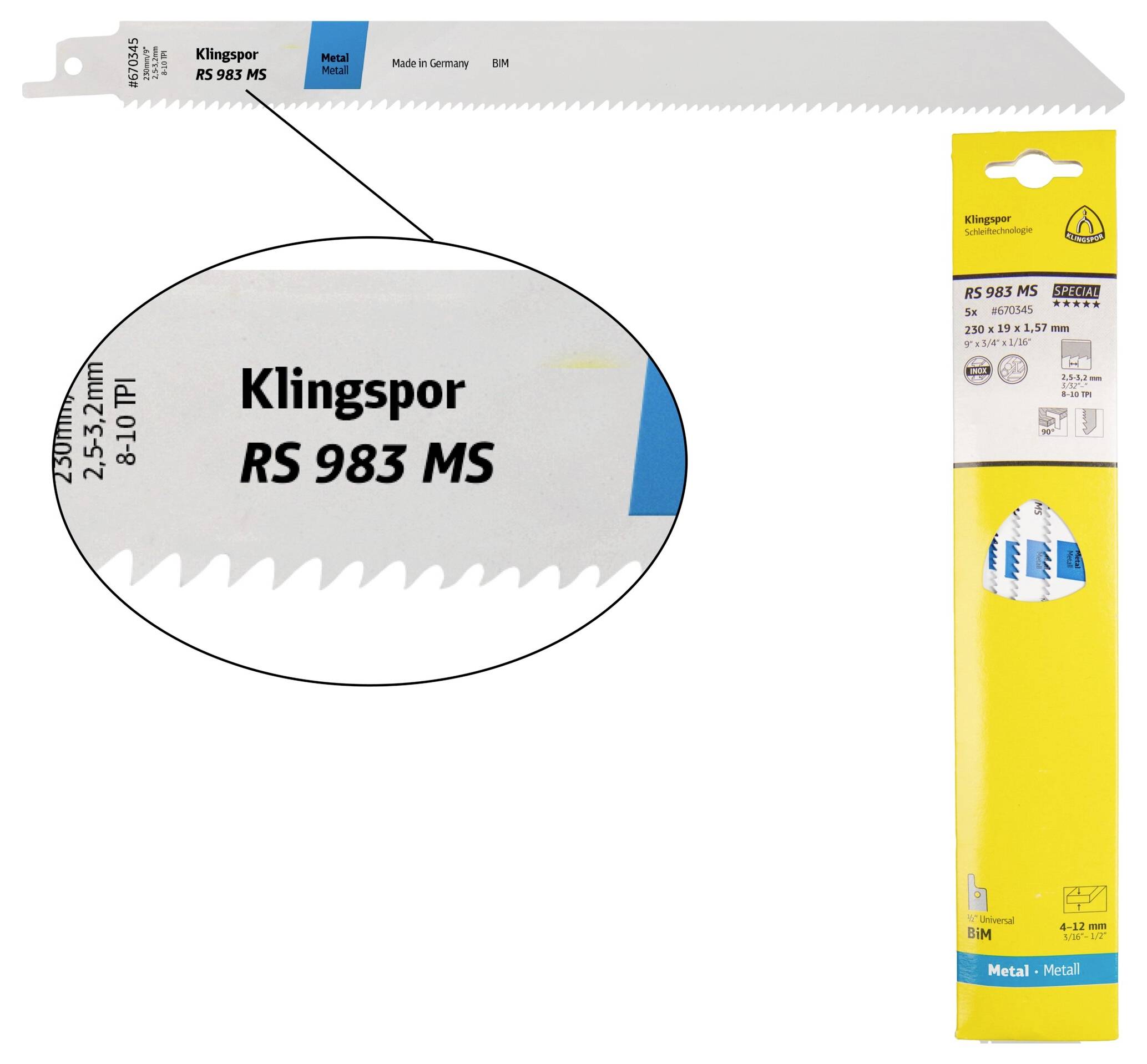 Klingspor 670345 RS 983 MS Säbelsägeblätter, 230 x 19 x 1,57 mm Nutzlänge 210Bi-Metall, gefräst
