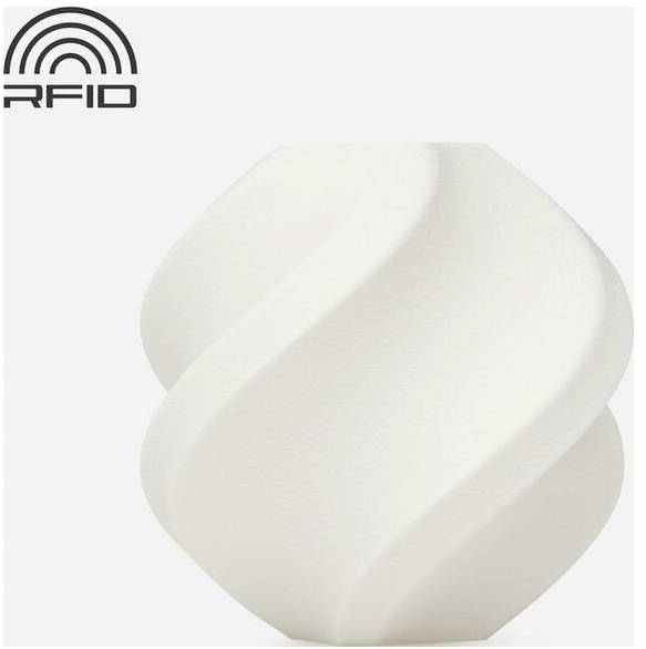 Eine weiße, verdrehte Vase wird gezeigt mit einem 'RFID'-Logo mit geschwungenen Linien in der oberen linken Ecke.