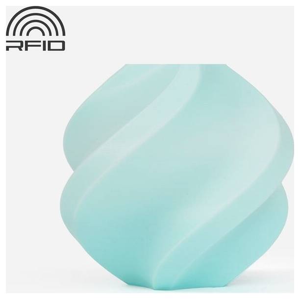 Ein türkisfarbenes, geschwungenes geometrisches Objekt, das RFID-Technologie repräsentiert, mit einem RFID-Logo in der oberen linken Ecke.