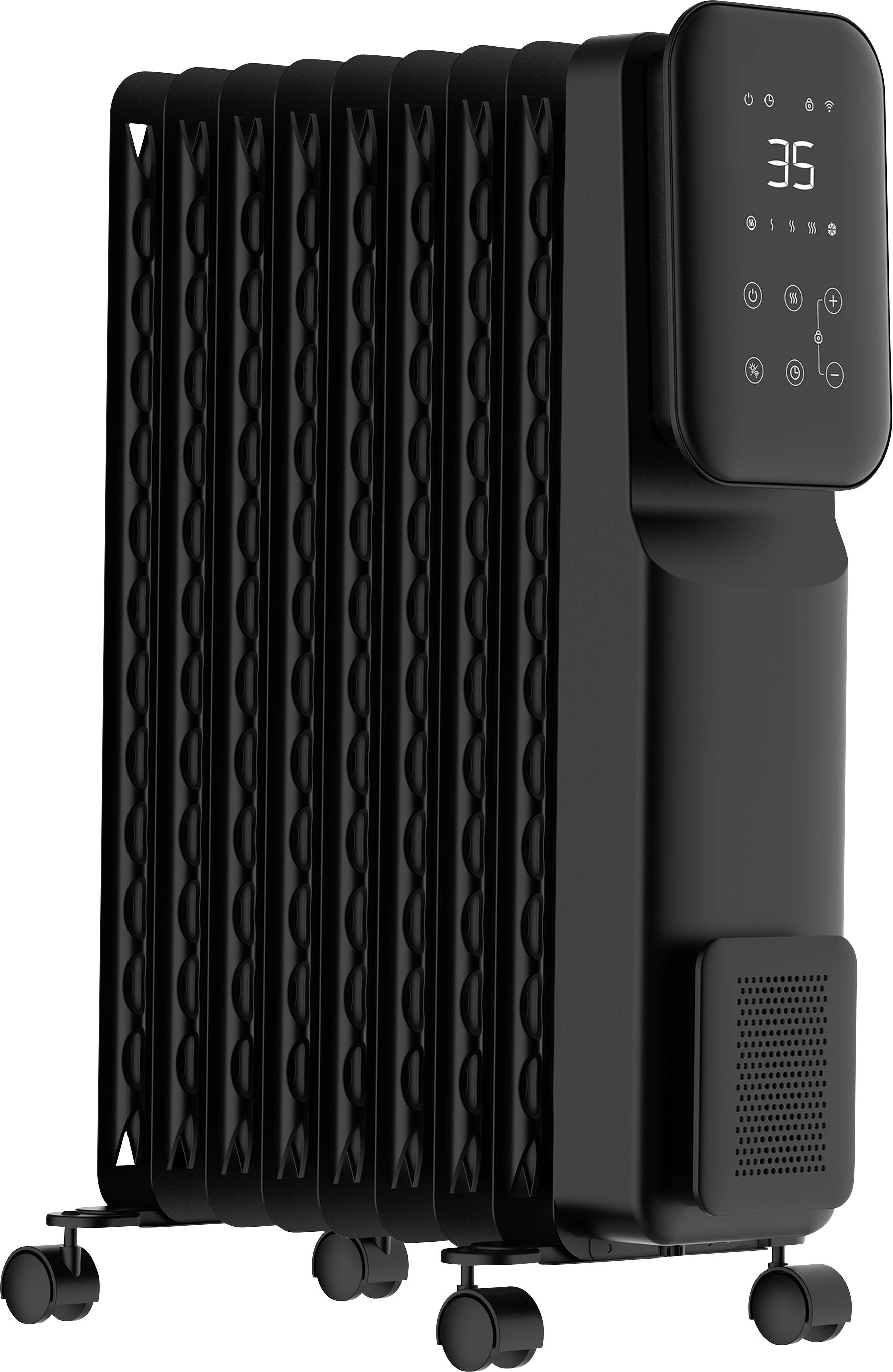 Ein schwarzer elektrischer Heizkörper mit digitaler Steuerung und Temperaturanzeige, ausgestattet mit mehreren Heizpanels und Rollen für Mobilität.