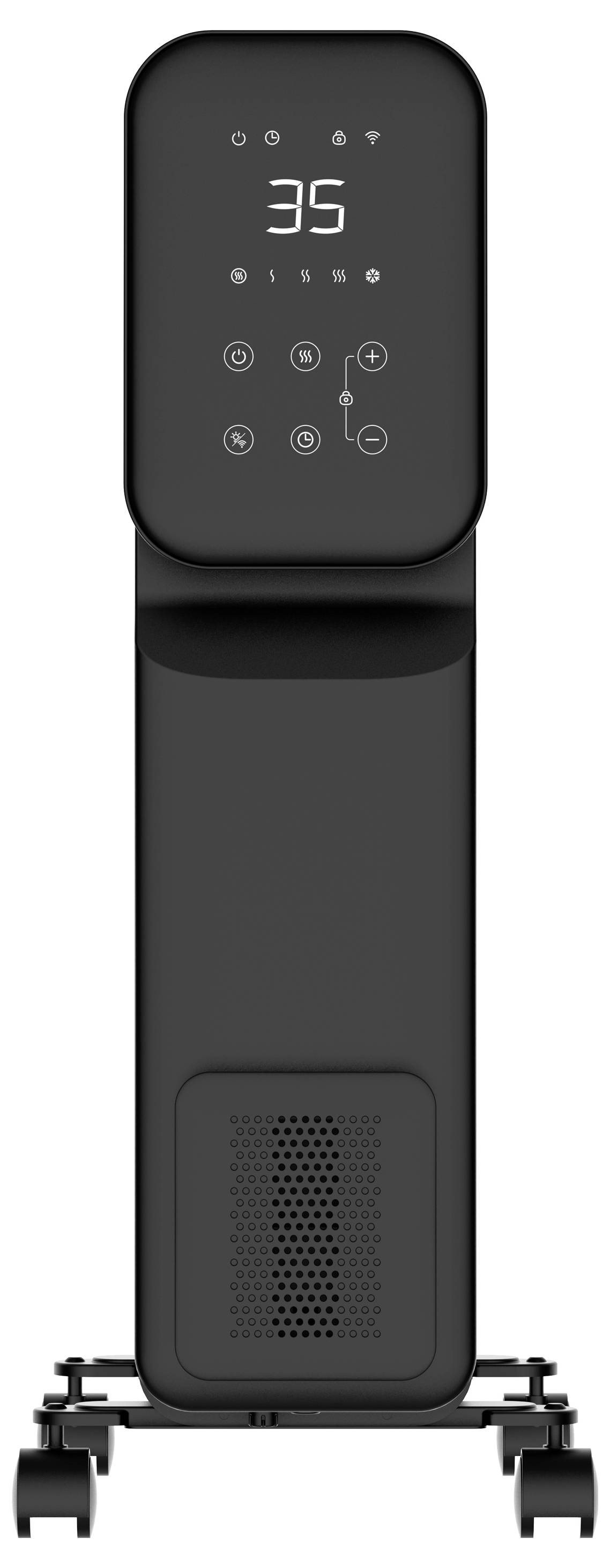 Ein schwarzer Turmheizlüfter mit digitalem Kontrollpanel, das 35 Grad anzeigt und verschiedene Tasten besitzt, auf Rollen.