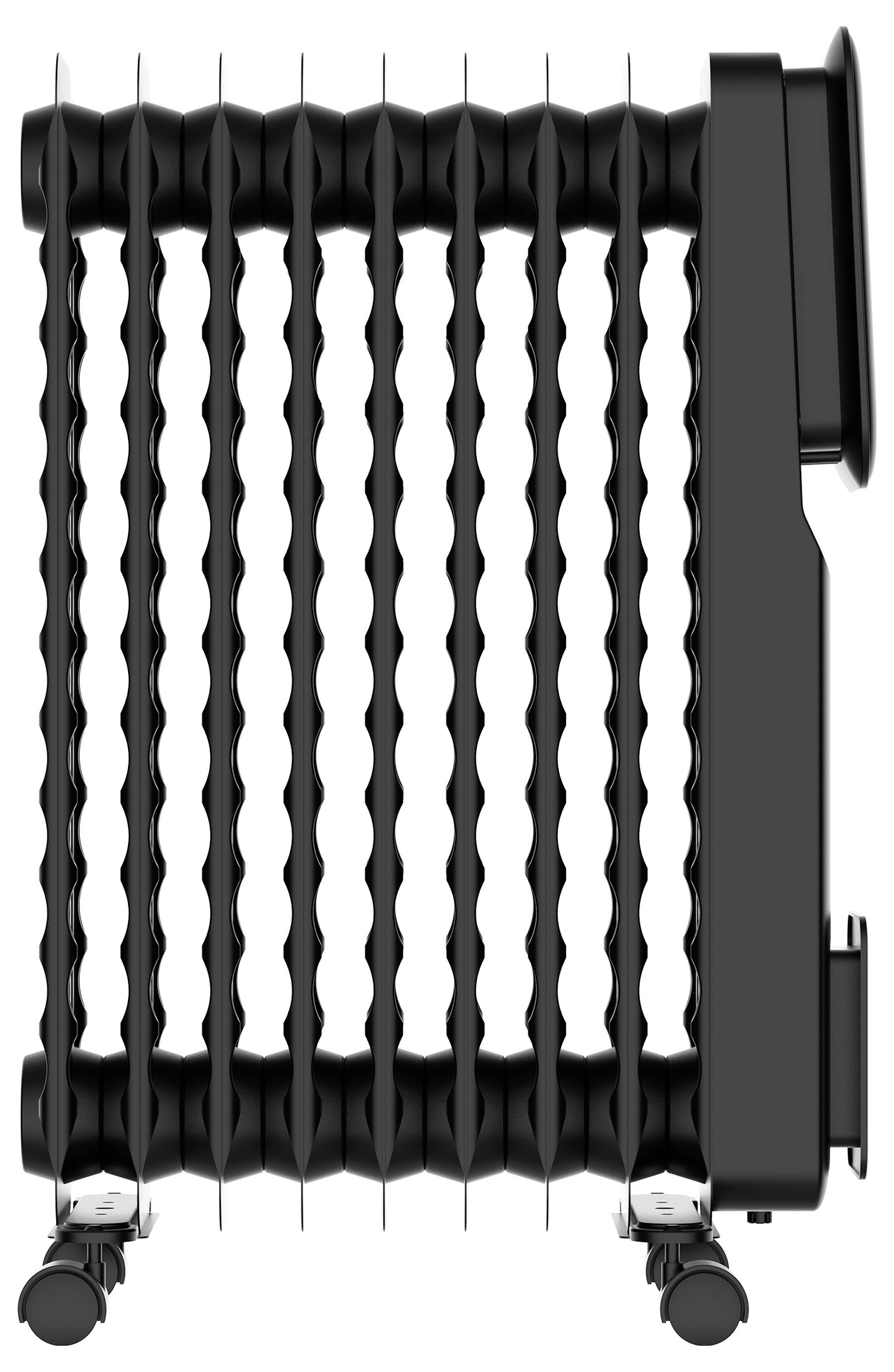 Ein schwarzer Heizkörper mit mehreren Rippen steht aufrecht auf Rädern und ist für eine mobile und effiziente Raumheizung konzipiert.