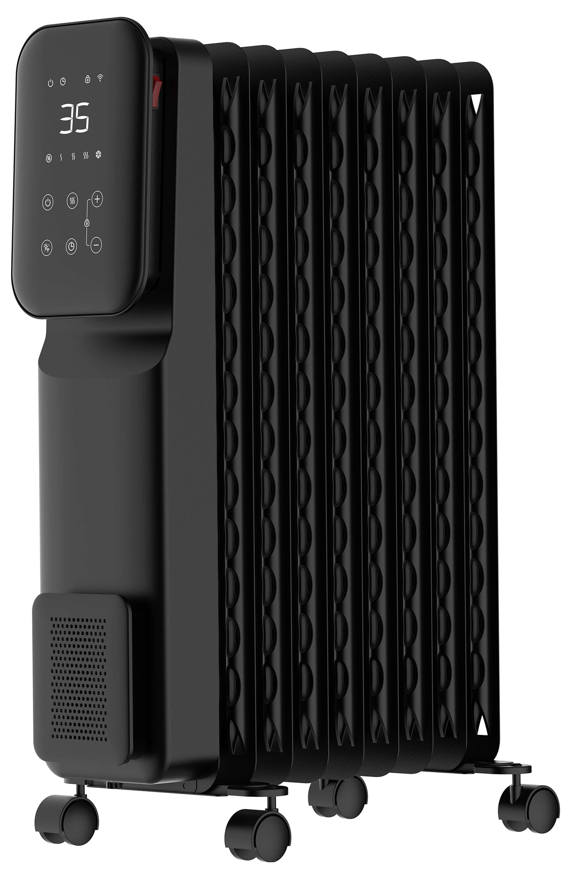 Ein schwarzer elektrischer Heizkörper mit einer digitalen Anzeige, die '35' zeigt. Das Gerät ist mit Rollen ausgestattet und eignet sich für mobile Raumheizung.