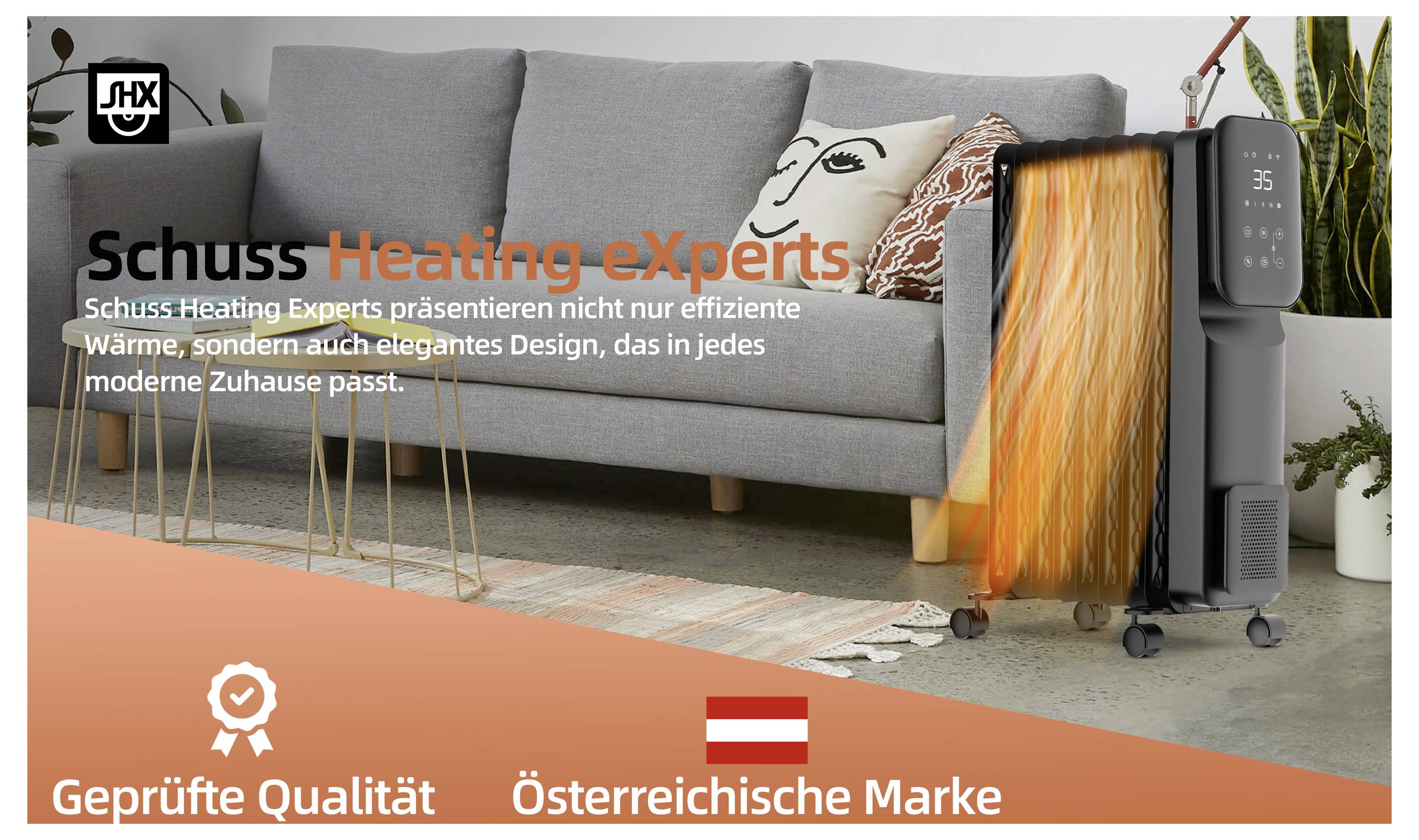 Ein Heizgerät, das warme Luft ausstößt und neben einem Sofa in einem modernen Wohnzimmer steht. Text lautet: Geprüfte Qualität, Österreichische Marke.