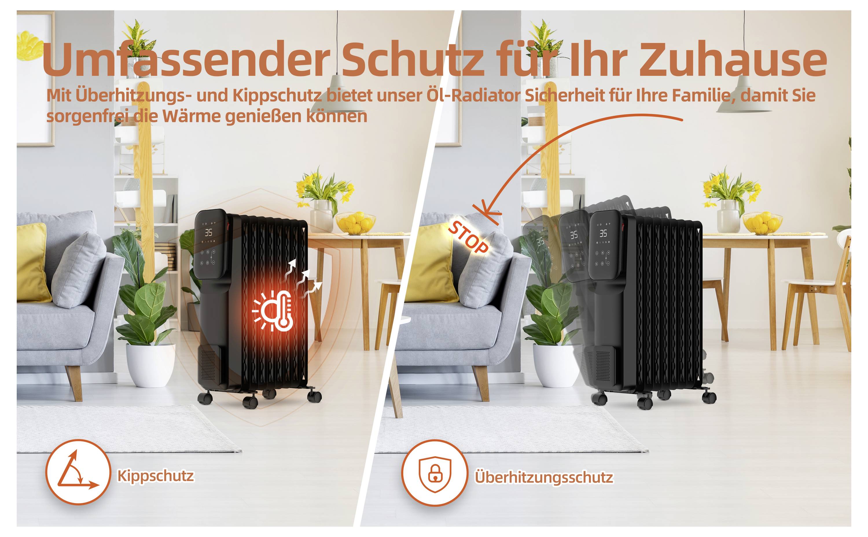 Öl-Radiator mit Kipp- und Überhitzungsschutz. Sicherheit für Zuhause. Linke Seite: Kippschutz aktiv. Rechte Seite: Überhitzungsschutz aktiv.