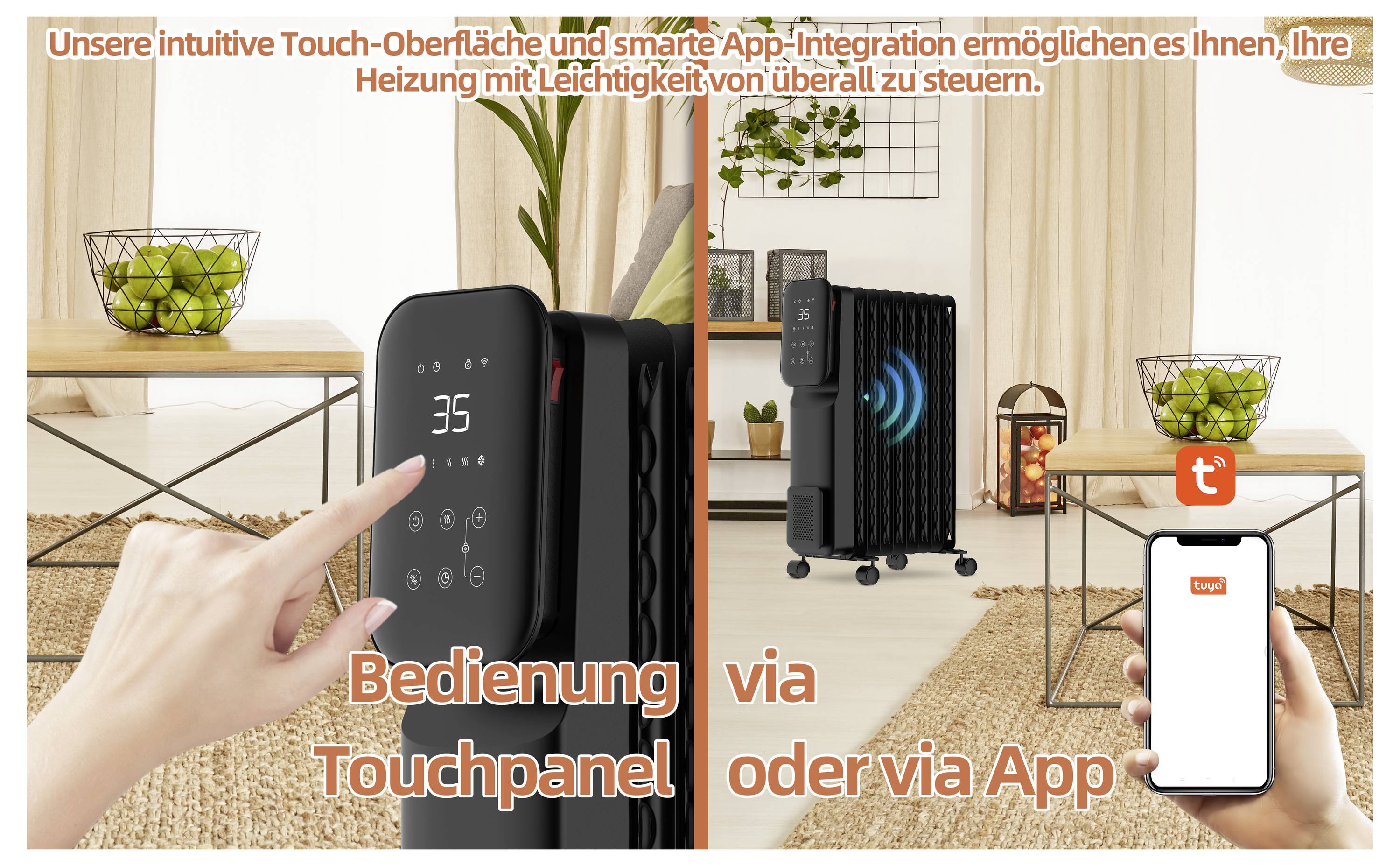 Das Bild zeigt einen Heizgerät mit digitalen Touchsteuerungen und App-Konnektivität. Der Text lautet: 