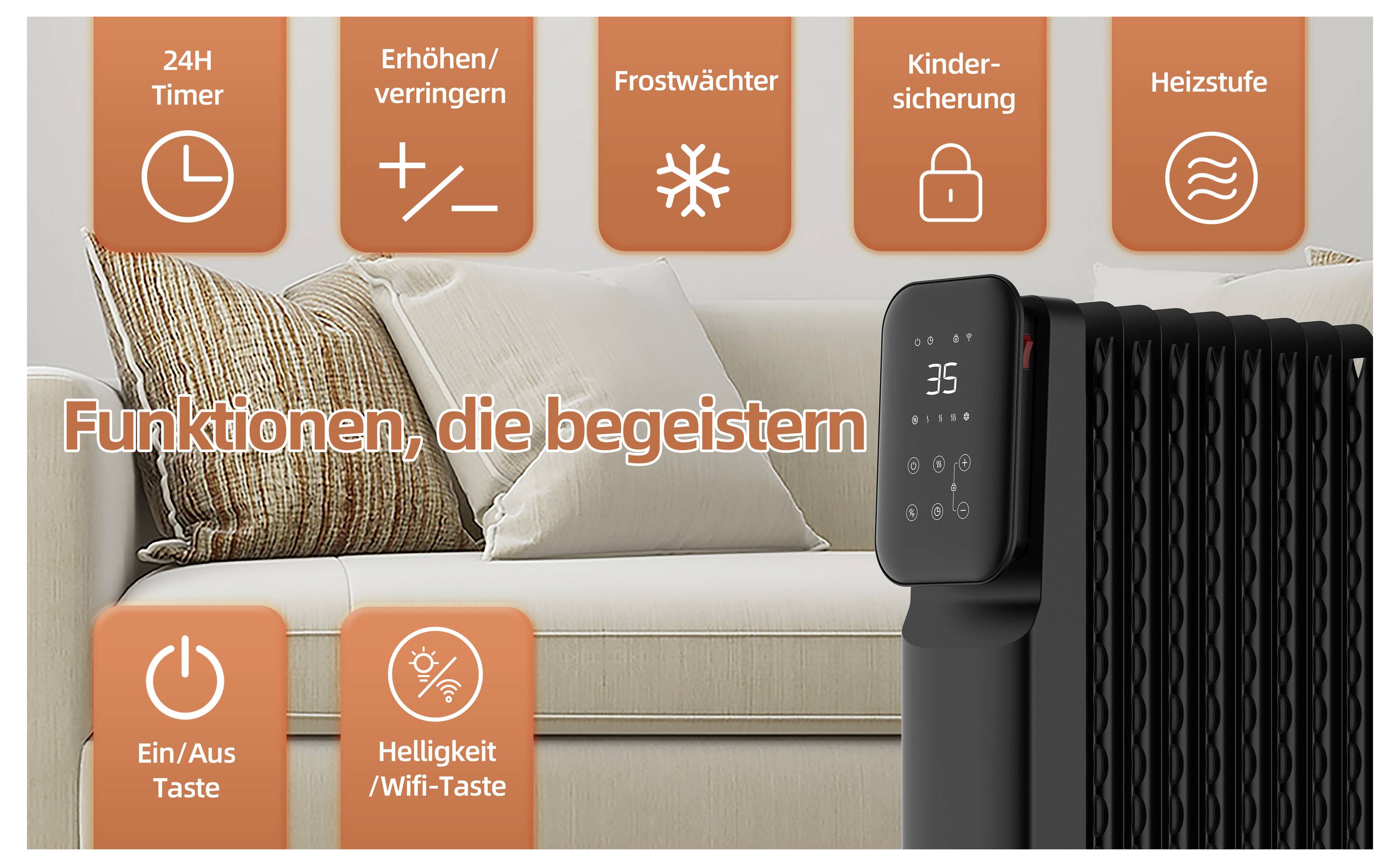 'Funktionen, die begeistern': Bild eines schwarzen Heizkörpers mit digitaler Steuerung bei 35°C neben einem Sofa. Funktionen wie Timer, Kindersicherung und WLAN sind dargestellt.
