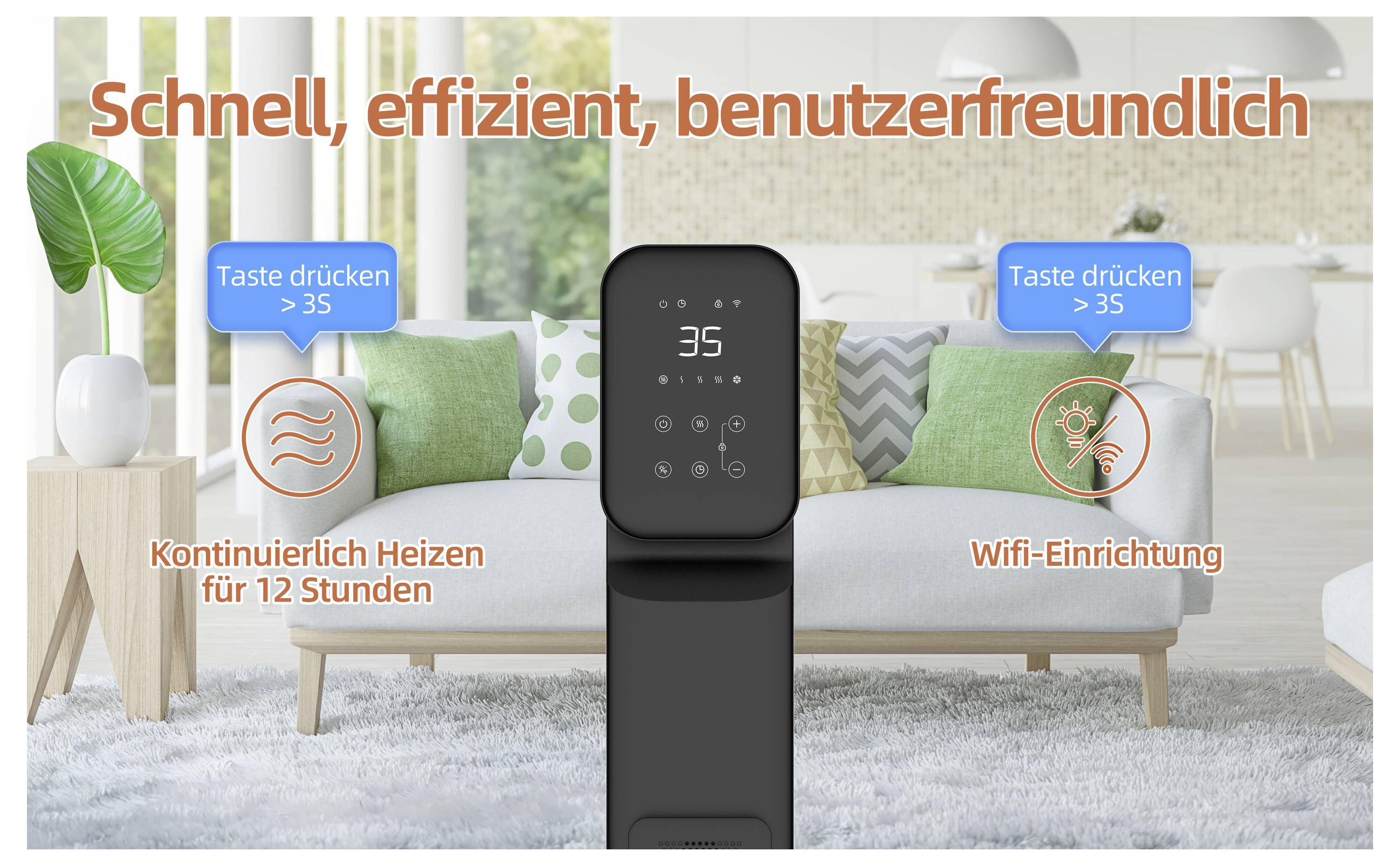 Ein schlankes elektrisches Heizgerät in einem modernen Wohnzimmer. Text: 'Schnell, effizient, benutzerfreundlich.' Tasten zeigen Einstellungen für 12-Stunden-Heizung und WLAN-Einrichtung.