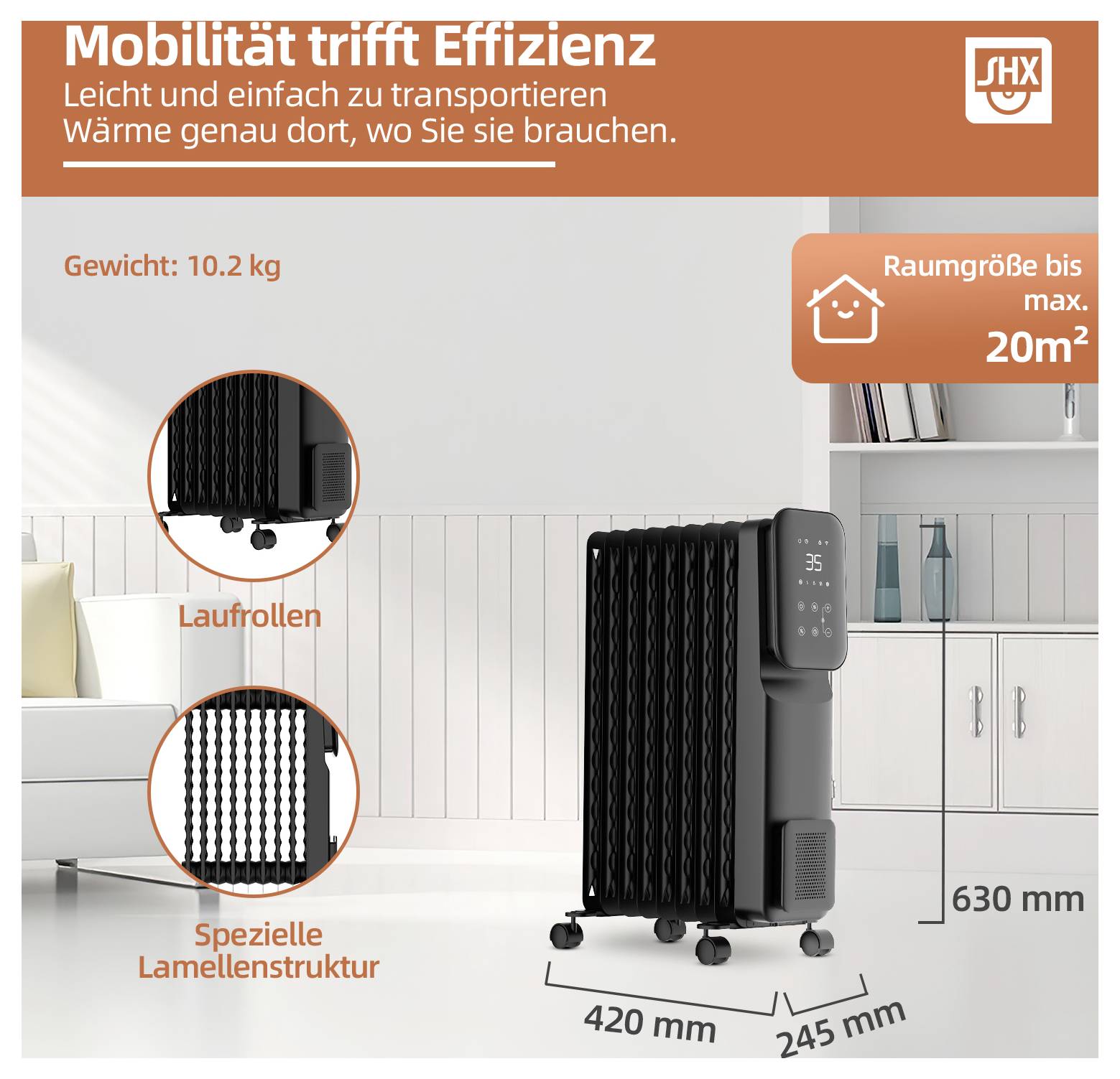 Kompakter schwarzer Heizlüfter auf Rollen, geeignet für Räume bis zu 20m². Wiegt 10,2 kg, Abmessungen: 420 x 245 x 630 mm.