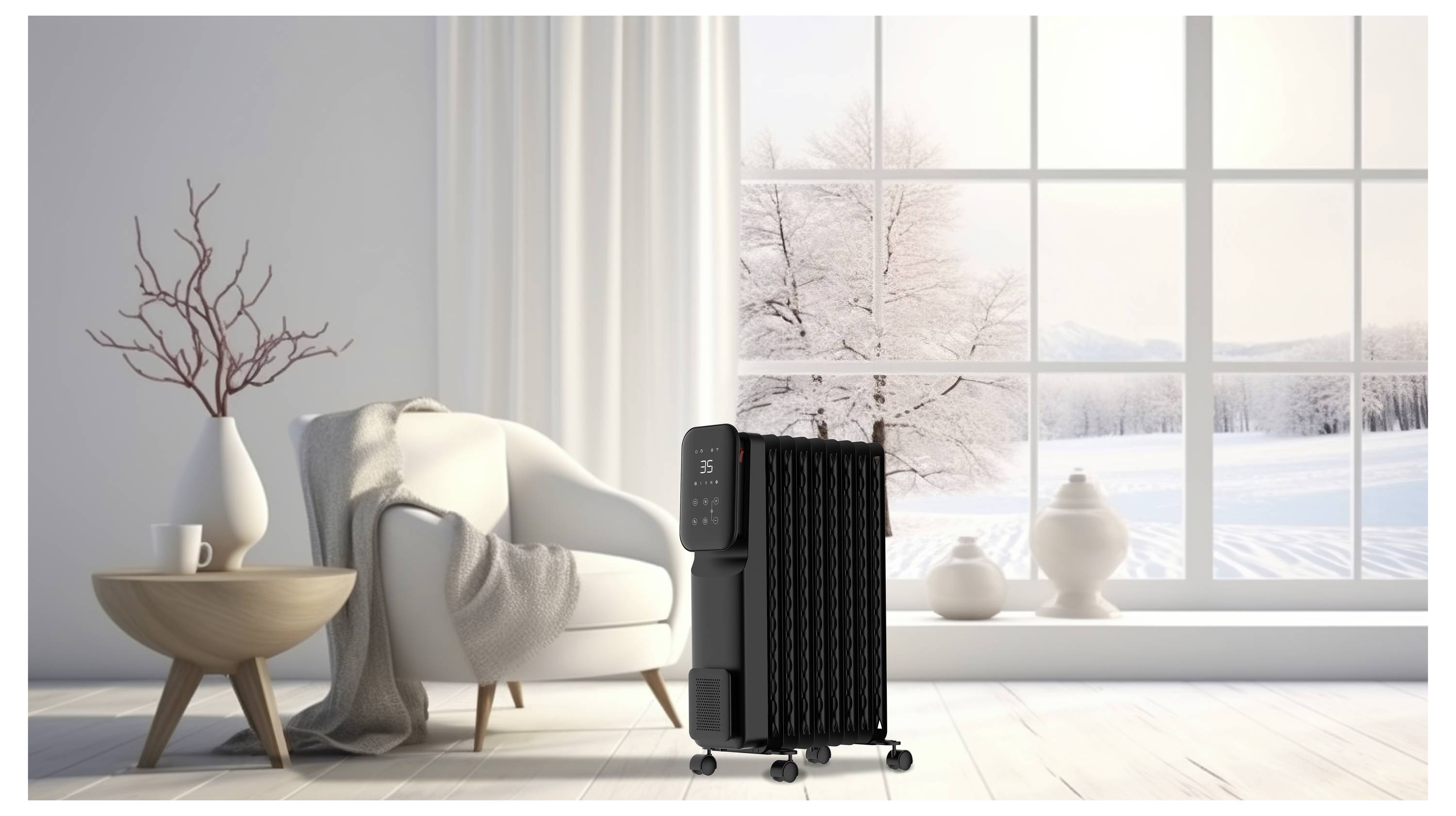 Ein schlanker schwarzer Heizlüfter steht in einem hellen, gemütlichen Raum mit einem großen Fenster, das eine verschneite Landschaft zeigt, was die warme Atmosphäre noch verstärkt.