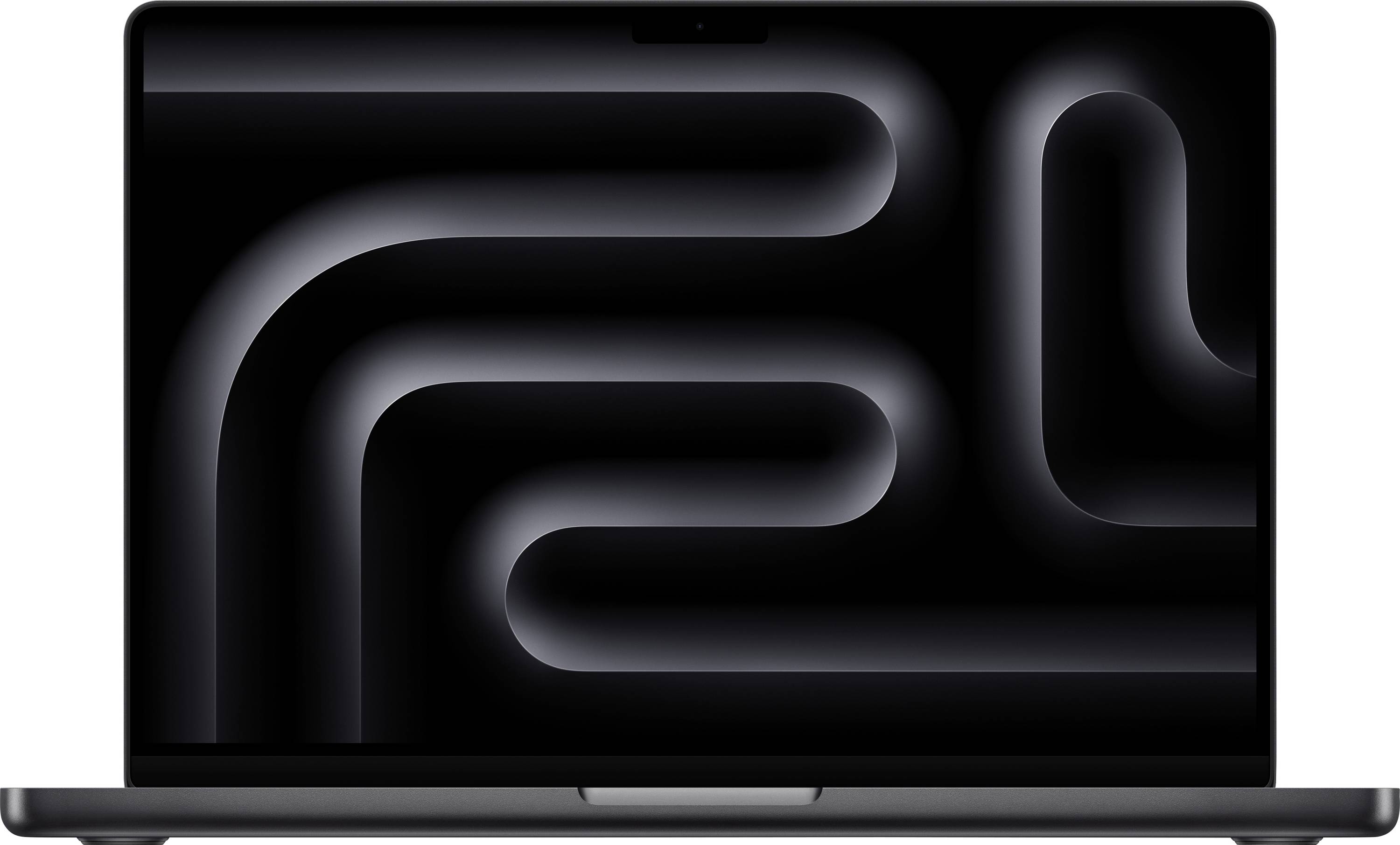 Ein Laptop mit einem dunklen Bildschirm, der gebogene, abstrakte Linien zeigt und ein modernes und minimalistisches Design kreiert.