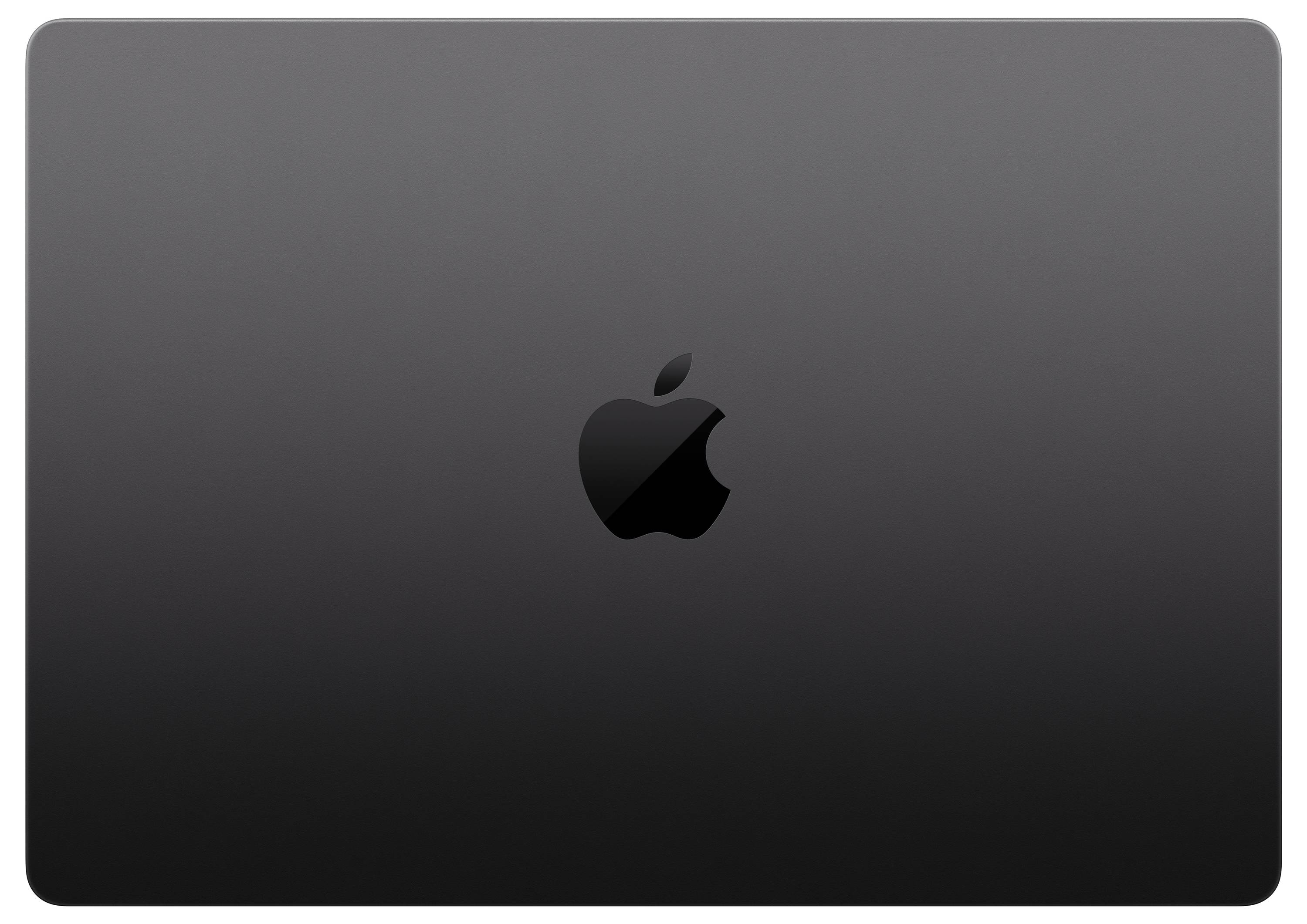 Ein geschlossener Laptop in einer dunklen Farbe, auf dem in der Mitte ein markantes stilisiertes Apple-Symbol zu sehen ist.