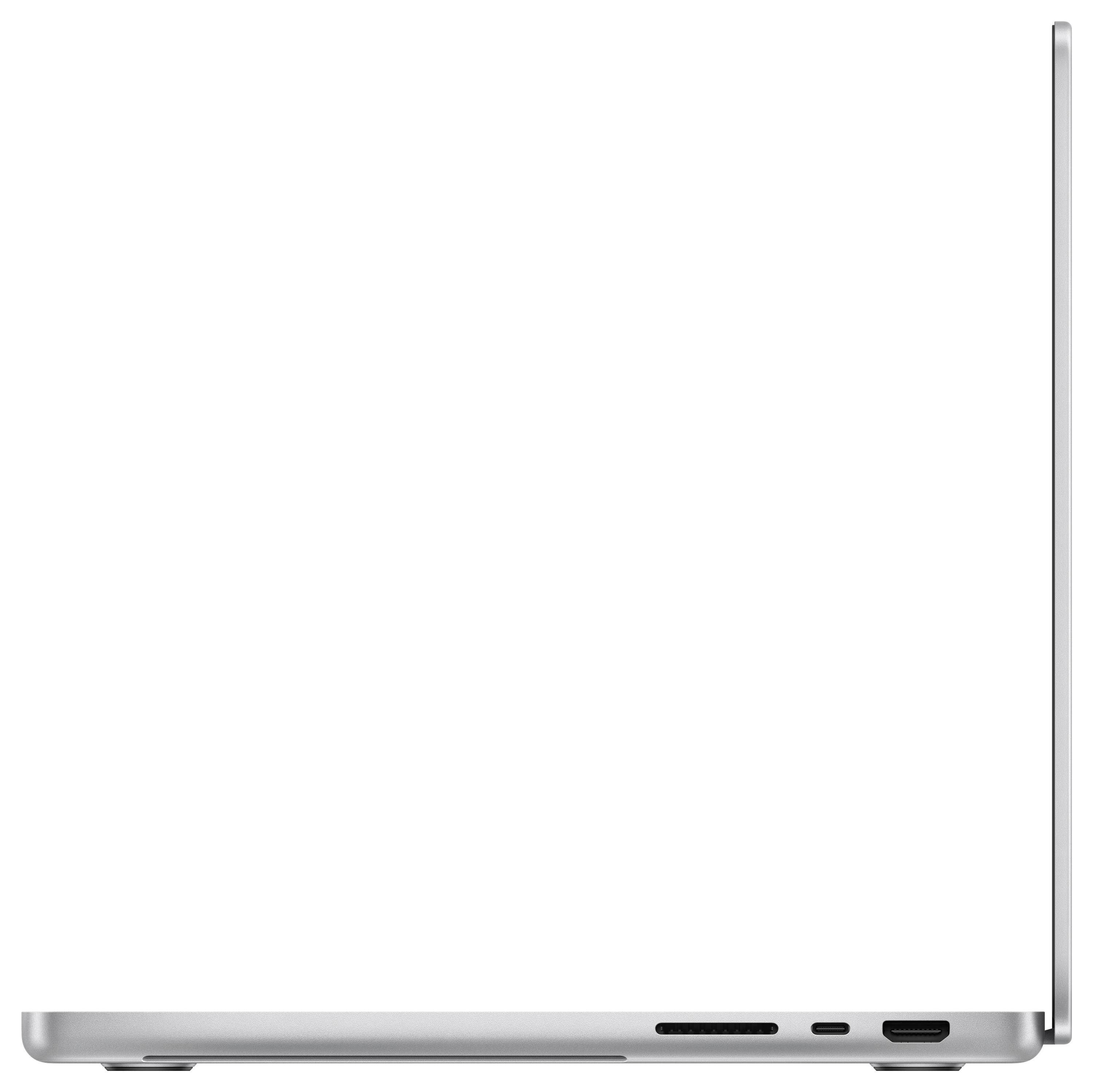 Ein geöffneter silberner Laptop, von der Seite betrachtet, der ein schlankes Profil mit sichtbaren Anschlüssen vor einem weißen Hintergrund zeigt.
