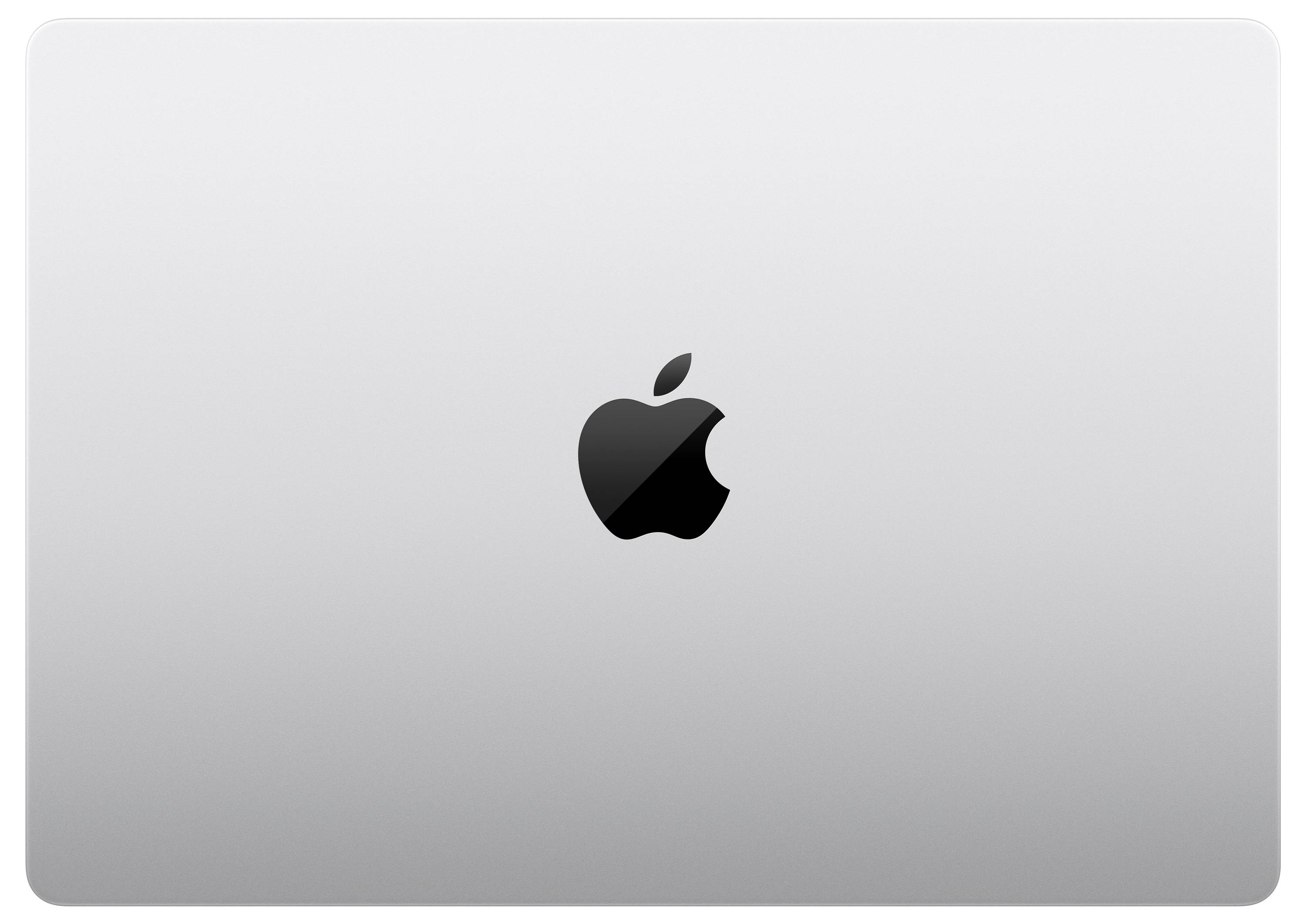 Ein silberner Laptop mit einem Apple-Logo in der Mitte des Deckels.
