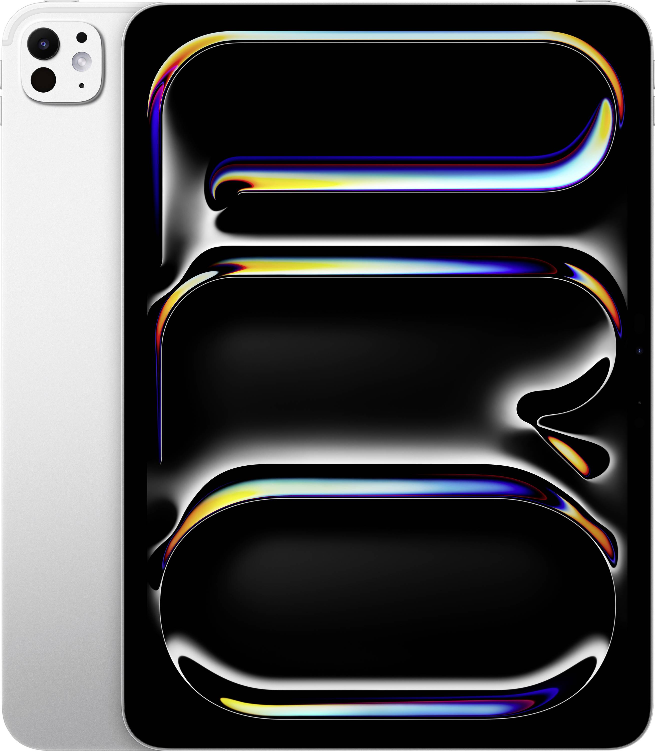 Ein Smartphone mit einem lebendigen, abstrakten Hintergrund, der farbenfrohe, fließende Formen auf einem schwarzen Bildschirm zeigt.