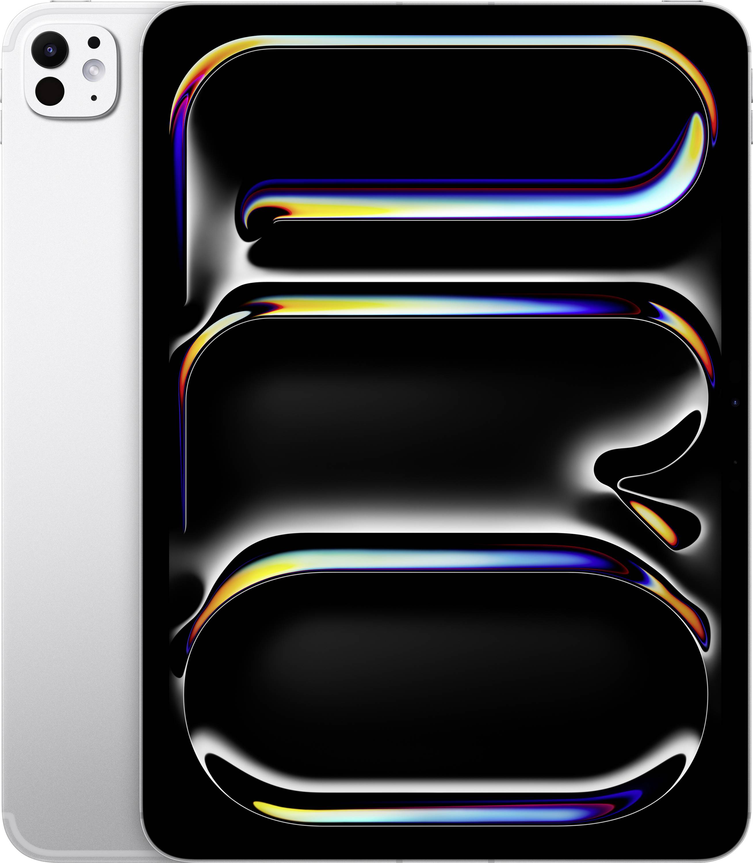 Ein schlankes Tablet in Silber und Schwarz mit einem lebendigen abstrakten Design auf dem Bildschirm, das fließende Linien und Farbverläufe in Blau, Orange und Gelb zeigt.