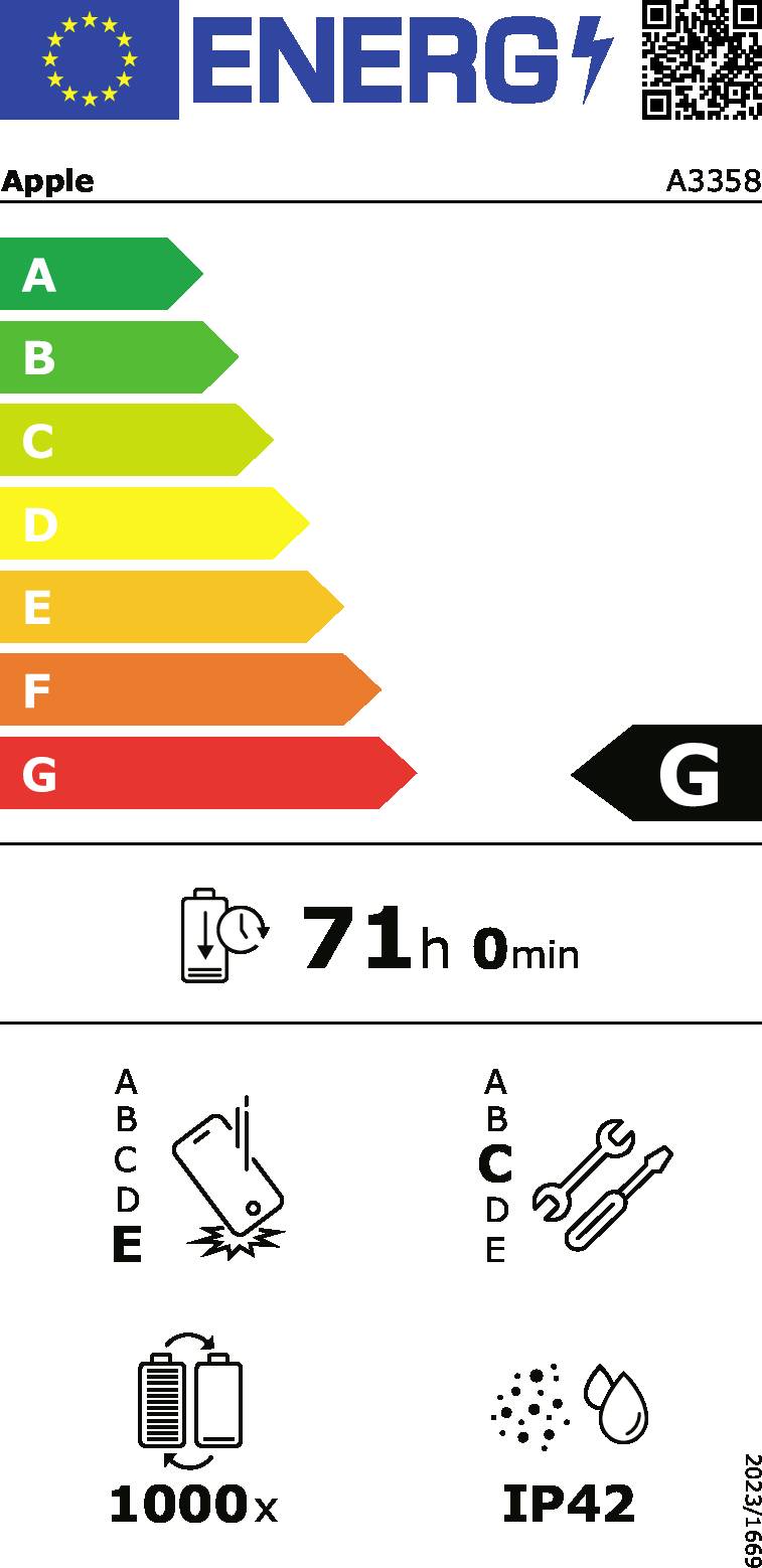 Energielabel für Modell A3358 mit Einstufung 'G'. Laufzeit 71 Stunden. 1000 Ladezyklen, Schutzart IP42.