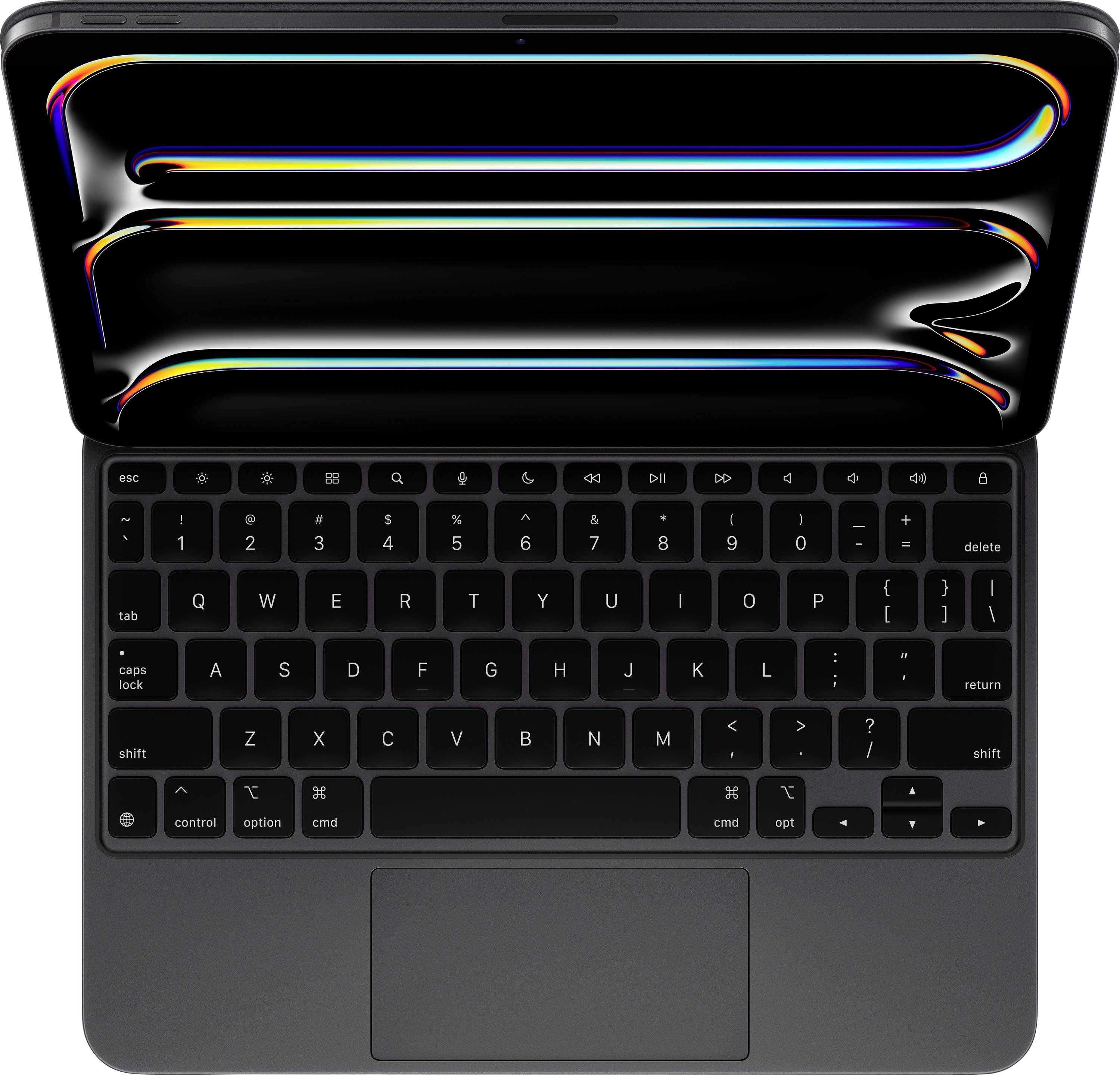 Ein Laptop mit elegantem, dunklem Design, geöffnet, um eine schwarze Tastatur und ein Trackpad zu zeigen. Der Bildschirm präsentiert ein lebendiges abstraktes Muster.