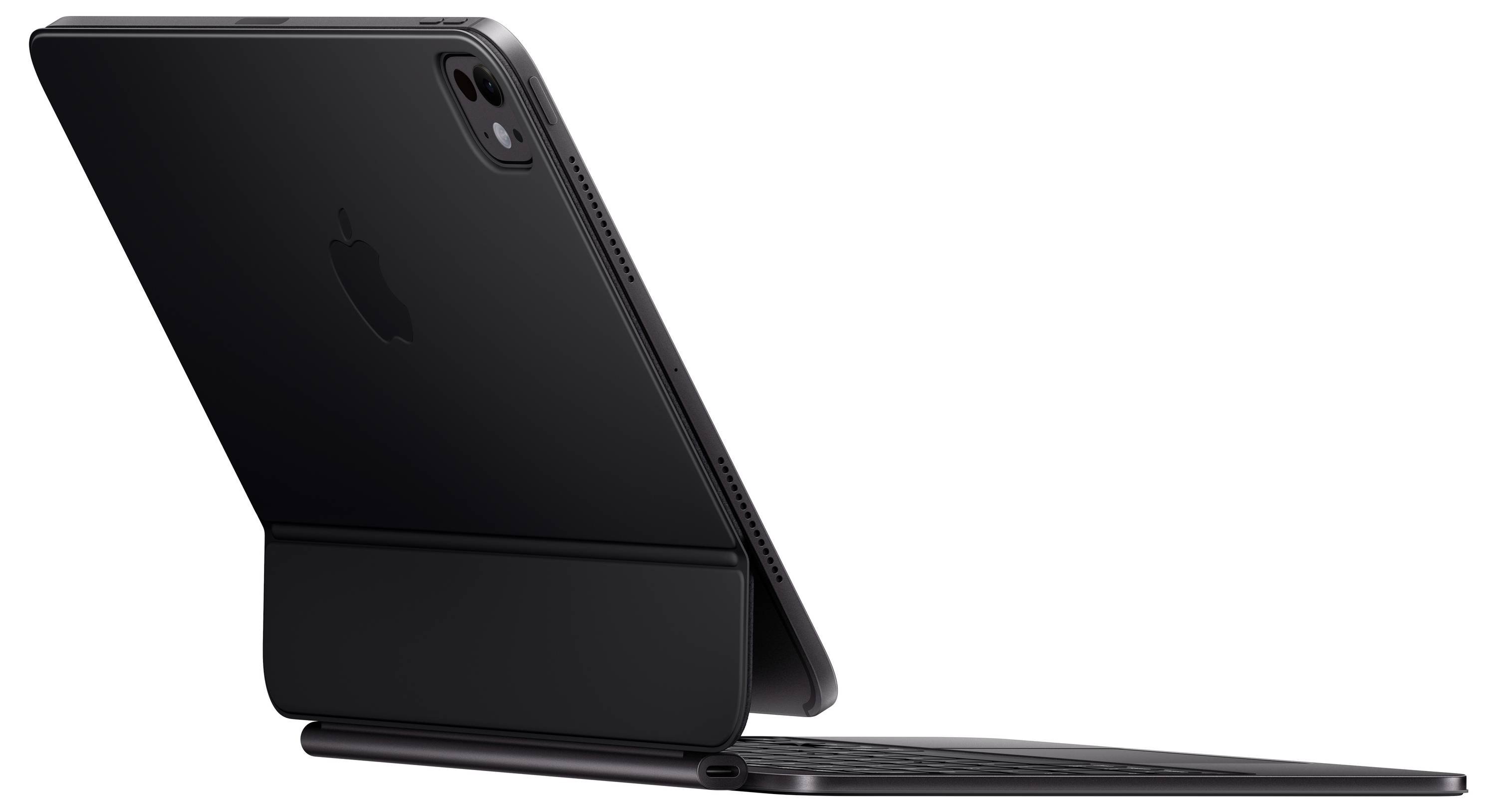 Ein Tablet ist an eine Tastatur angeschlossen und steht aufrecht. Auf der Rückseite des Tablets befindet sich ein auffälliges, zentriertes Logo.