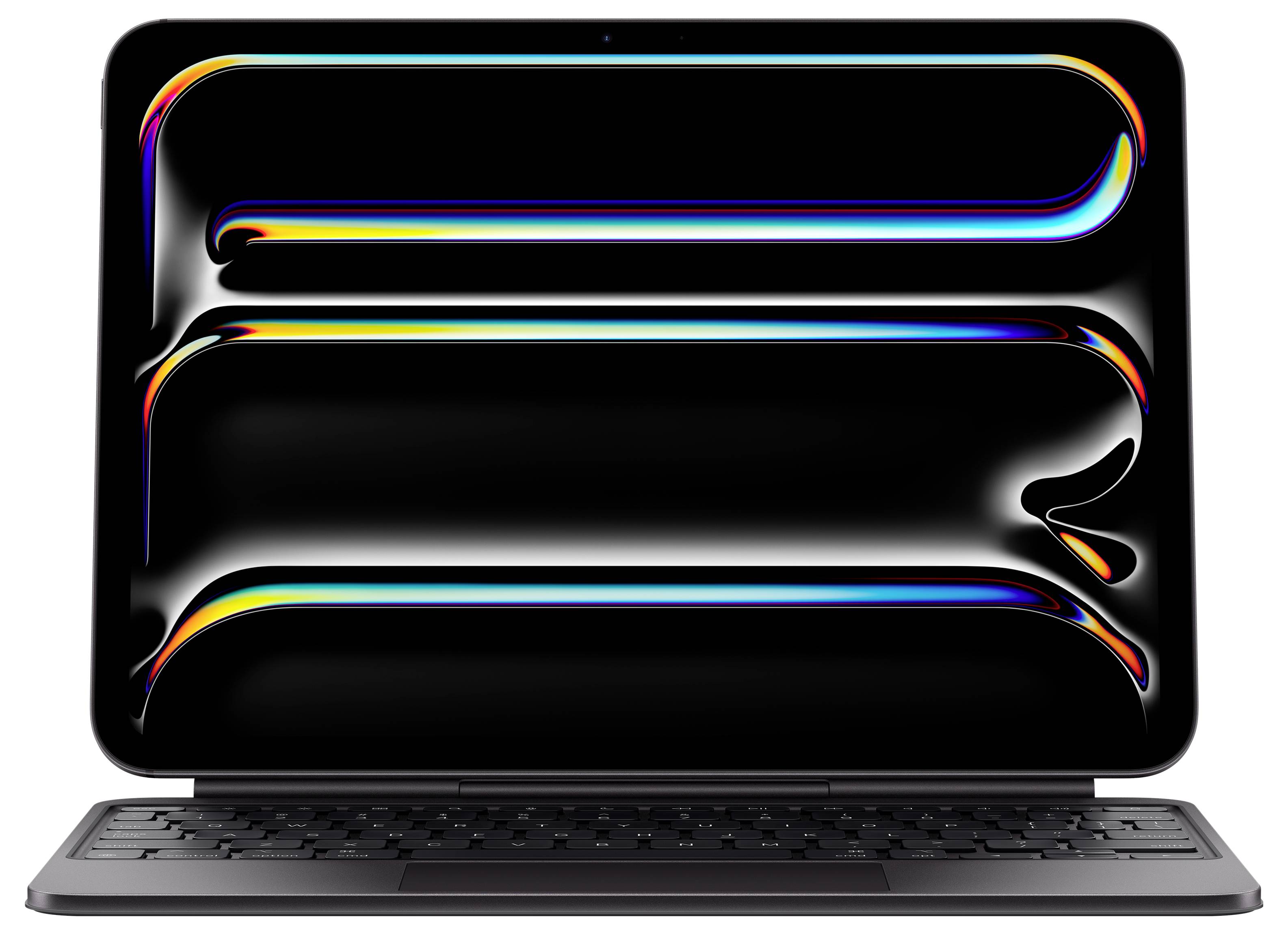 Ein Laptop mit einem leuchtenden, abstrakten Bildschirmdesign, das farbenfrohe, fließende Kurven auf schwarzem Hintergrund zeigt, mit sichtbarer Tastatur darunter.