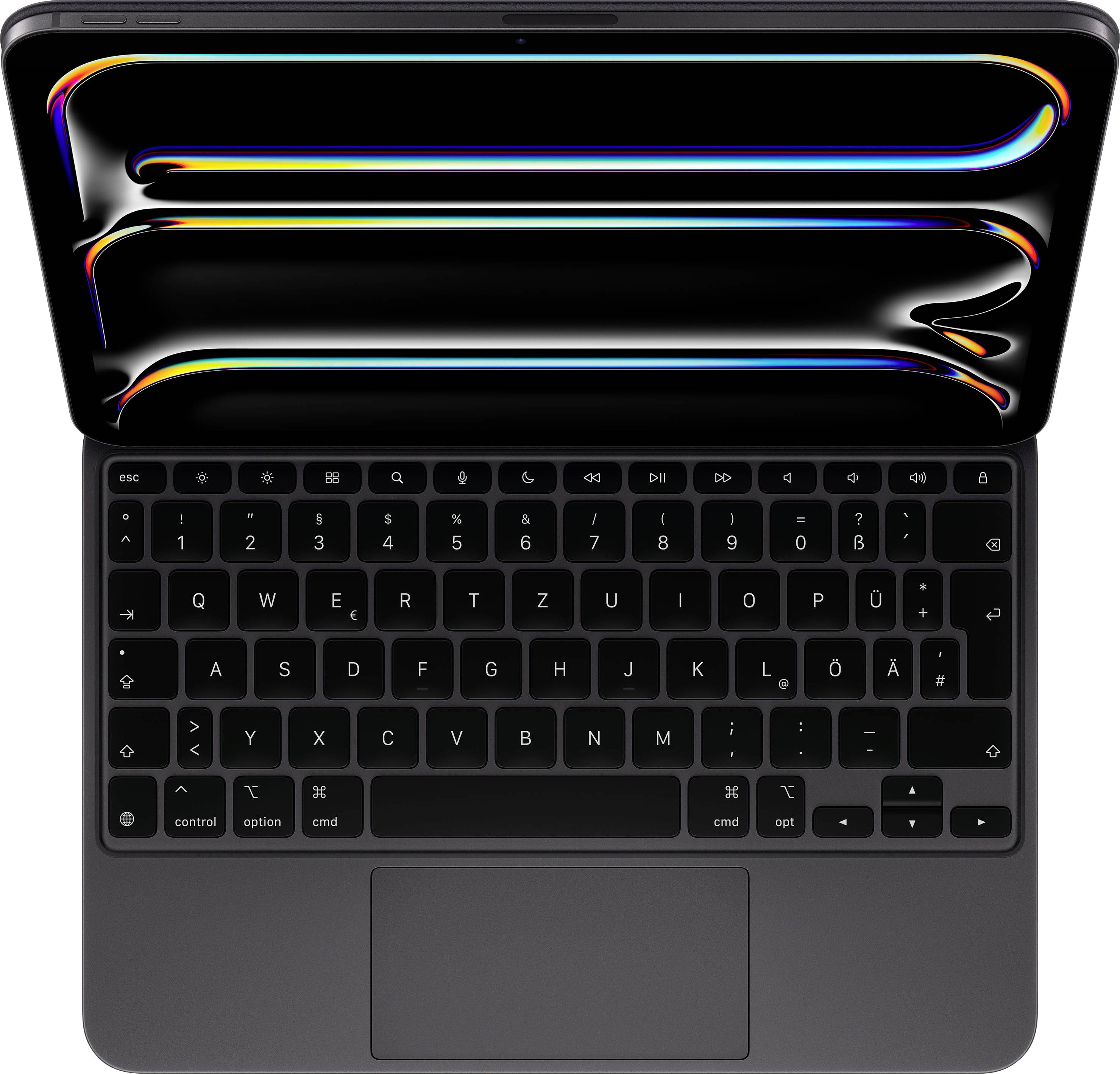 Draufsicht eines geöffneten Laptops mit schwarzer Tastatur. Der Bildschirm zeigt abstrakte, farbige geschwungene Linien auf schwarzem Hintergrund.
