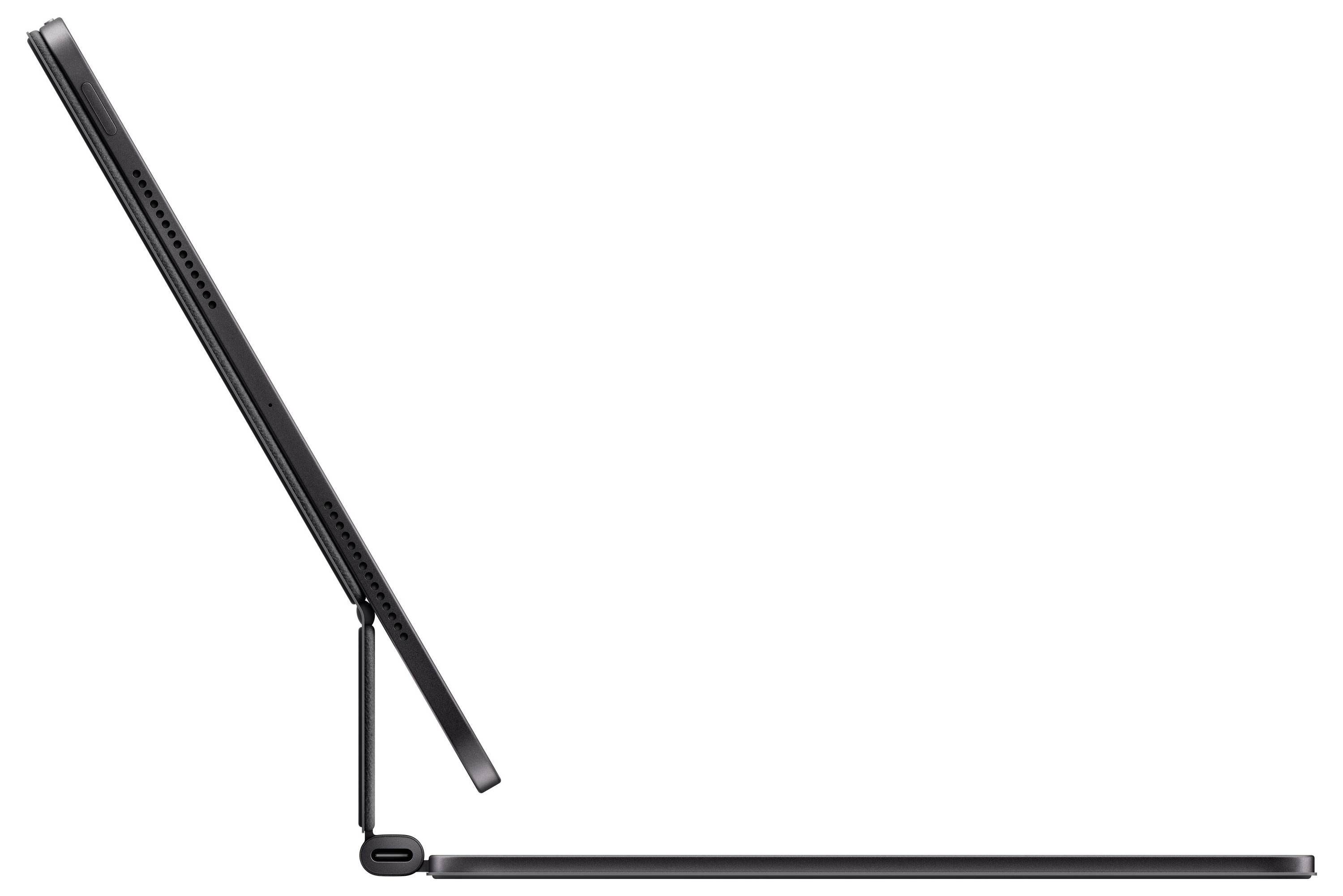 Seitenansicht eines Tablets auf einem Tastaturständer, schräg geöffnet, das seine schlanke Silhouette und abnehmbare Konstruktion präsentiert.