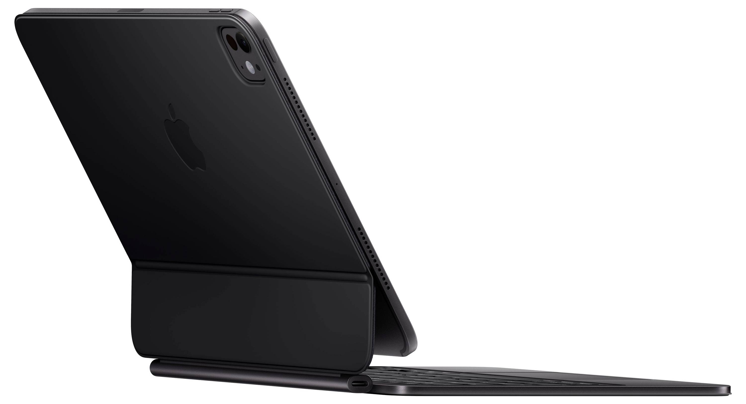 Ein Tablet mit einer Tastaturhülle ist auf einer Oberfläche geöffnet und zeigt ein schlankes, modernes Design mit einem Apple-Logo auf der Rückseite.