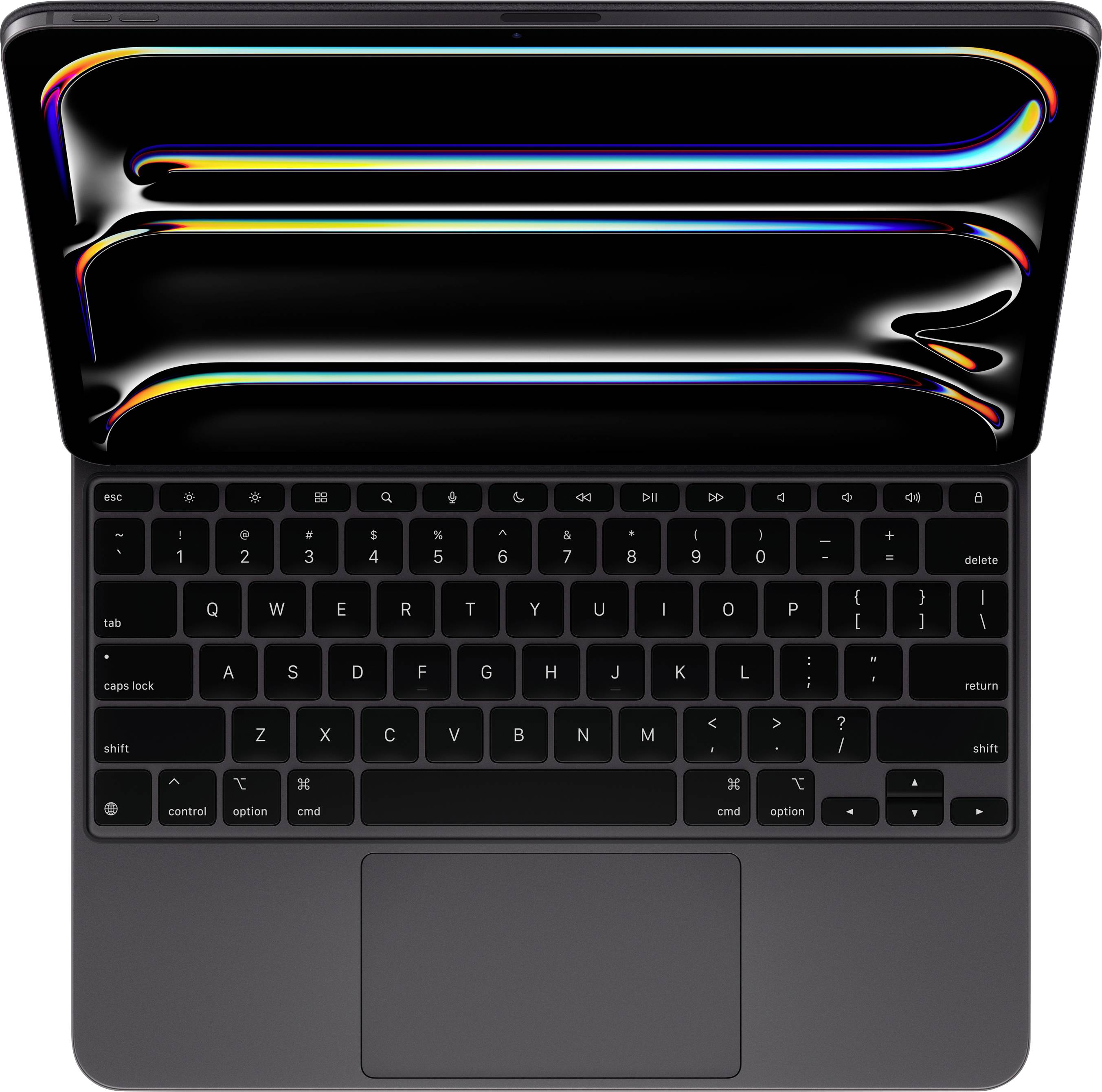 Geöffneter Laptop mit einem farbenfrohen Bildschirm und schwarzer Tastatur, die deutliche Tasten und ein schlankes Design zeigt.