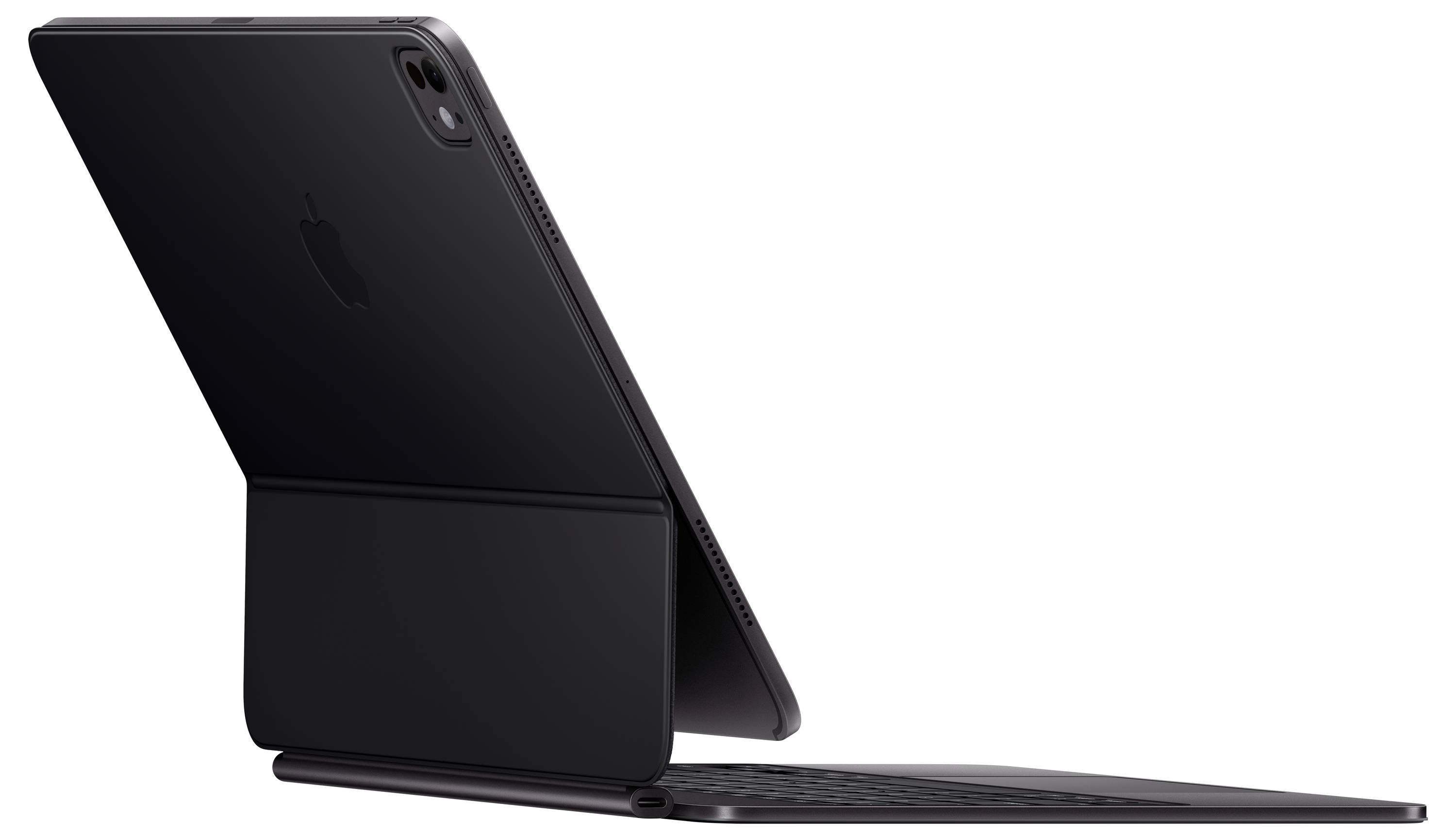 Eine graue Tablette ist mit einer schmalen, gelenkartig verbundenen Tastatur verbunden und ähnelt einem kleinen Laptop-Setup, von hinten und der Seite betrachtet.