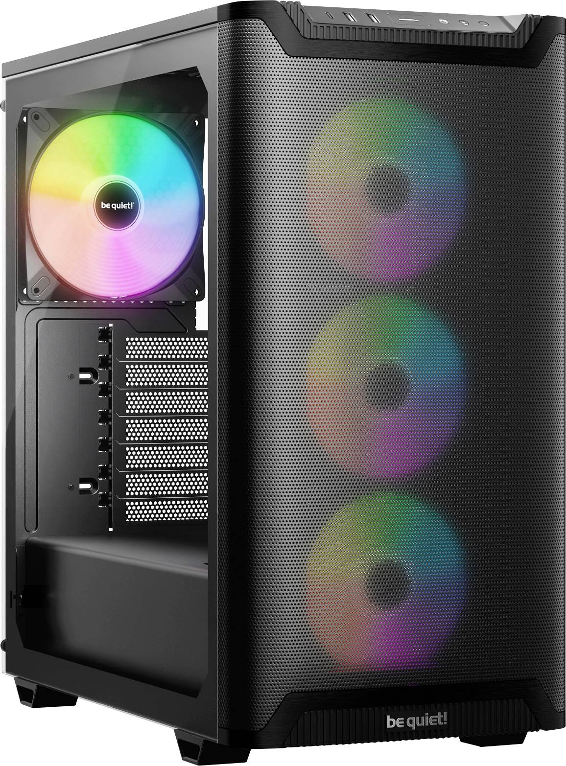 Ein schwarzes Computer-Tower-Gehäuse mit drei sichtbaren RGB-Lüftern an der Vorderseite und einem auf der Rückseite, die alle in Regenbogenfarben leuchten.