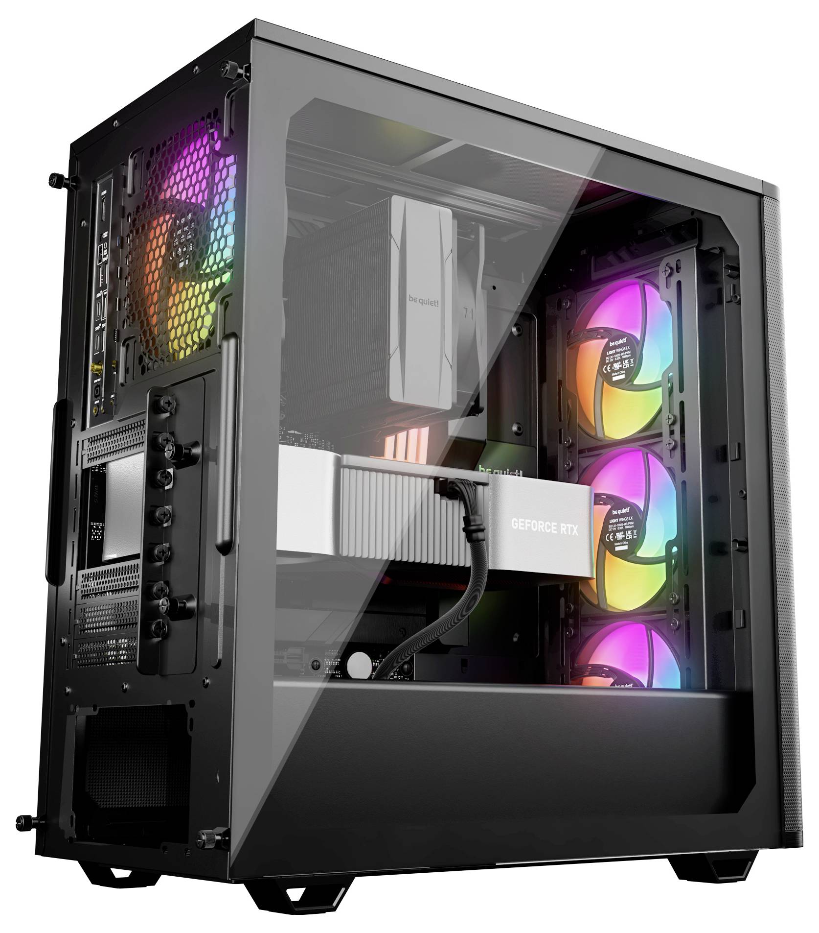 Ein Computergehäuse mit einer transparenten Seitenscheibe, die Innenkomponenten zeigt, einschließlich einer Grafikkarte mit der Bezeichnung 