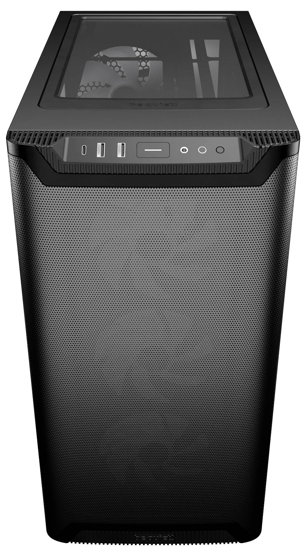 Ein schwarzes Computer-Tower-Gehäuse mit einer Frontblende aus Mesh-Gewebe, sichtbaren USB-Anschlüssen und Powerknopf oben, sowie einer transparenten Seitenwand, die die Innenkomponenten sichtbar macht.