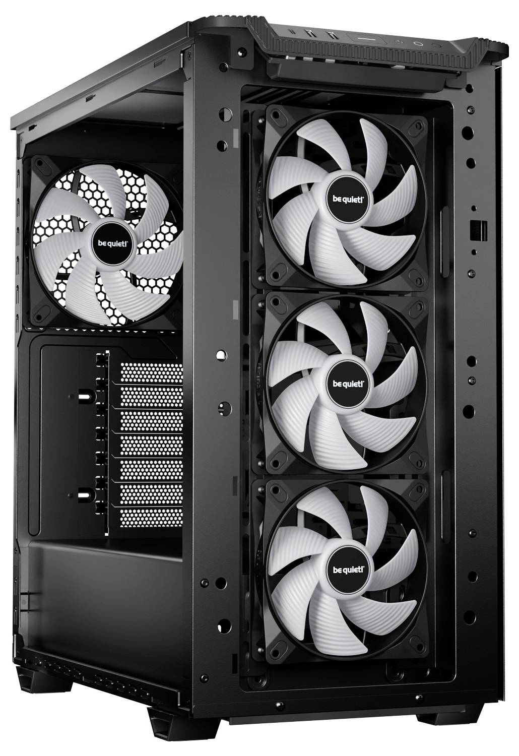 Ein schwarzes Computergehäuse mit mehreren weißen Kühlventilatoren an der Front und Rückseite.