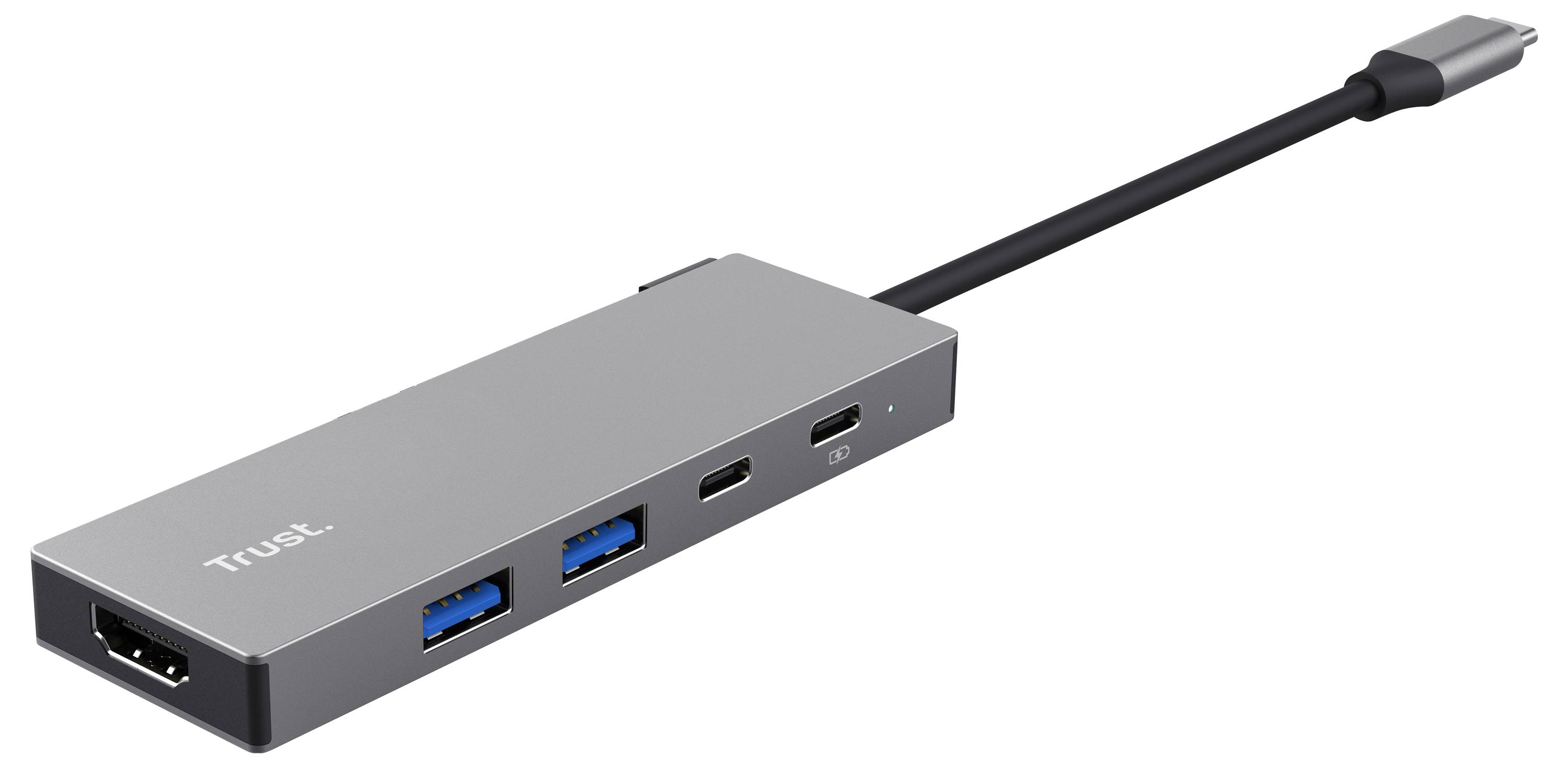 Ein schlanker, rechteckiger USB-C-Hub mit verschiedenen Anschlüssen, darunter HDMI, USB-A, USB-C und ein SD-Kartensteckplatz, der für die Geräteverbindung konzipiert ist.
