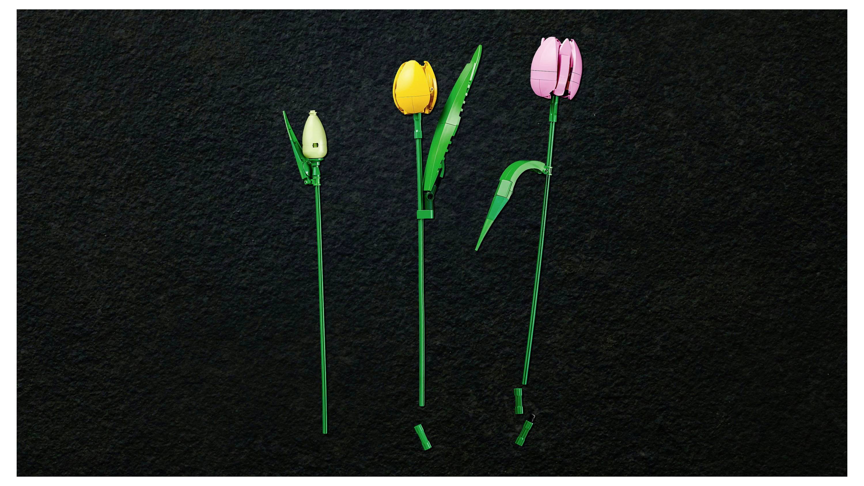 Drei LEGO-Blumenstiele: einer mit einer grünen Knospe, einer mit einer gelben Blüte und grünen Blättern und einer mit einer rosa Blüte. Schwarzer Hintergrund.