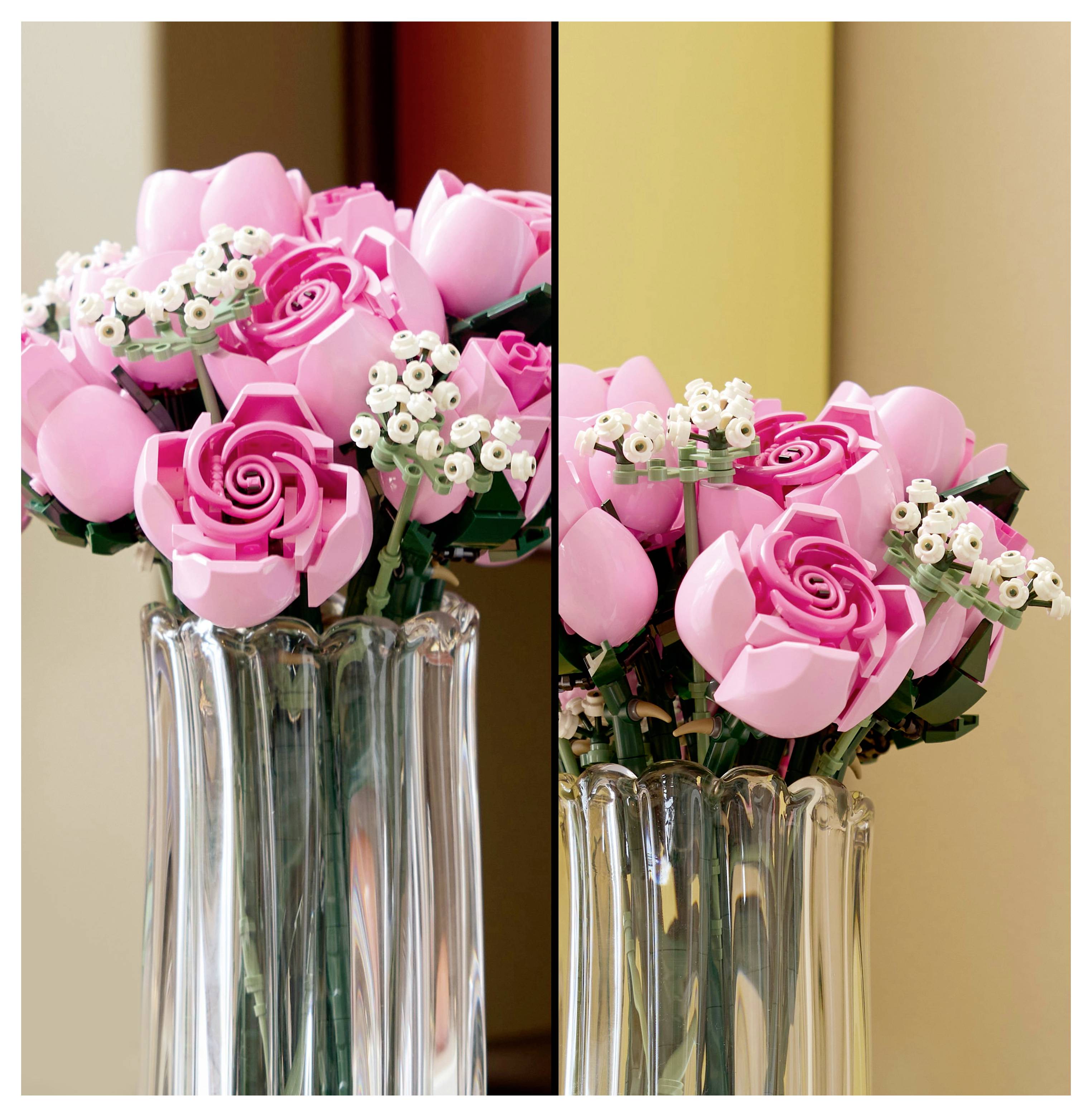 Eine Vase mit rosa und weißen künstlichen Blumen auf der linken Seite und leuchtend rosa Rosen mit Blattwerk auf der rechten Seite, getrennt durch eine vertikale Linie.