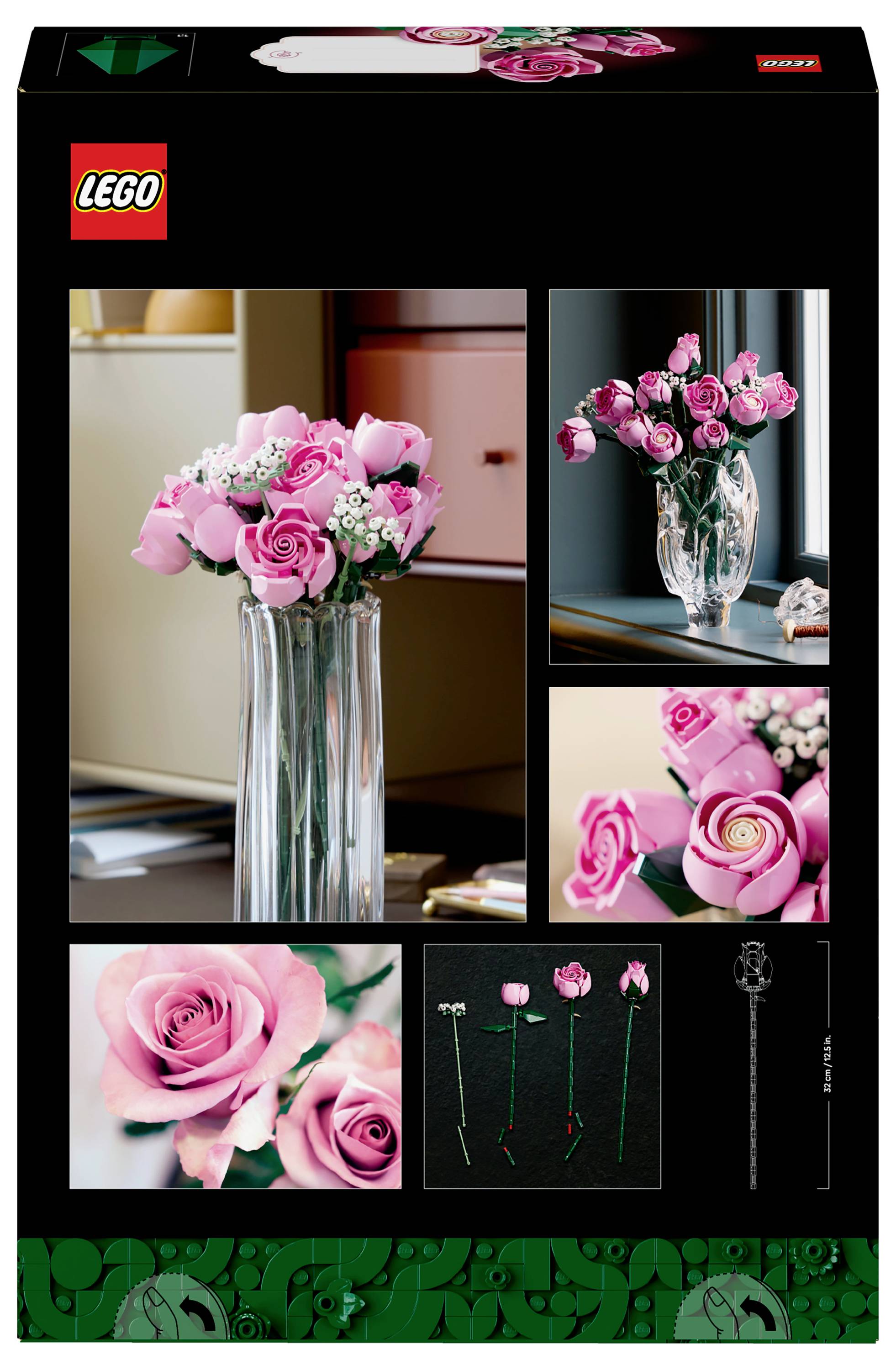 Lego-Blumenstrauß-Set-Box mit drei Bildern von rosafarbenen Lego-Rosen in Vasen und Nahaufnahmen. Anleitungen und Teile werden gezeigt.