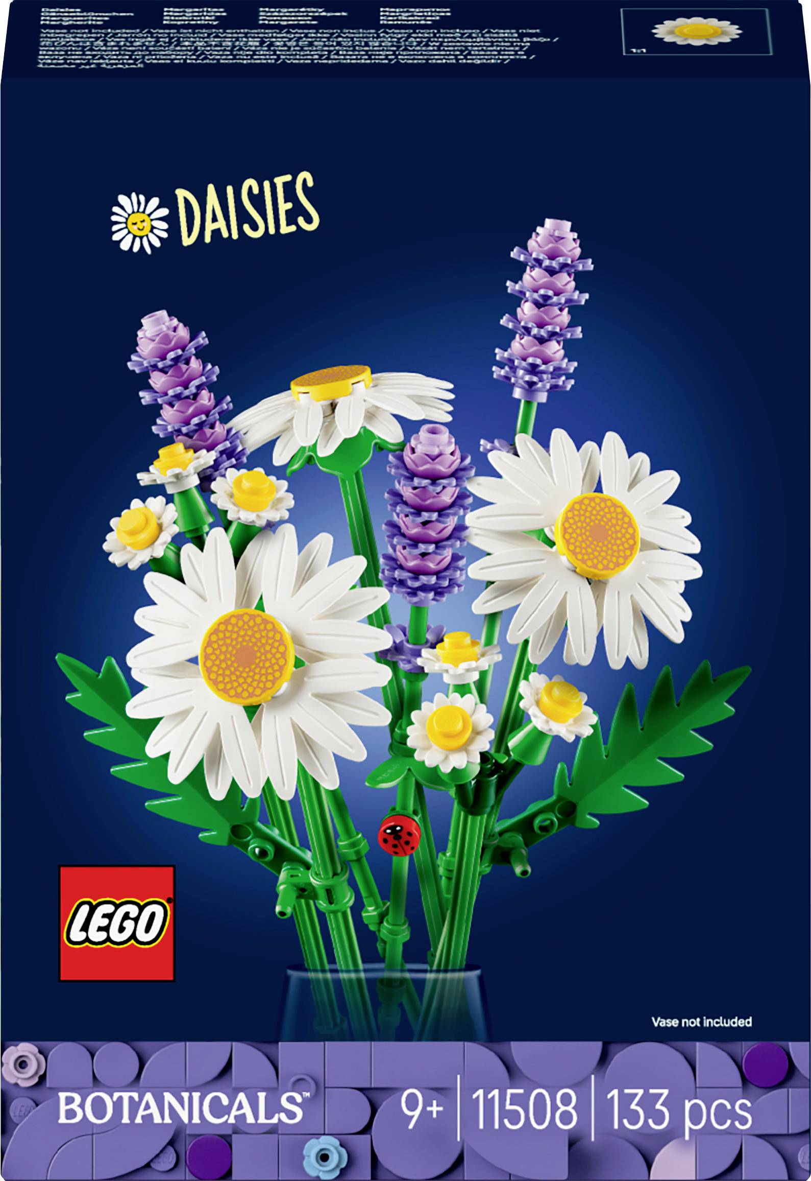 LEGO-Set-Box mit einer Blumenanordnung aus Gänseblümchen und Lavendel. Beschriftet mit 'Gänseblümchen', umfasst 133 Teile für Alter 9+.