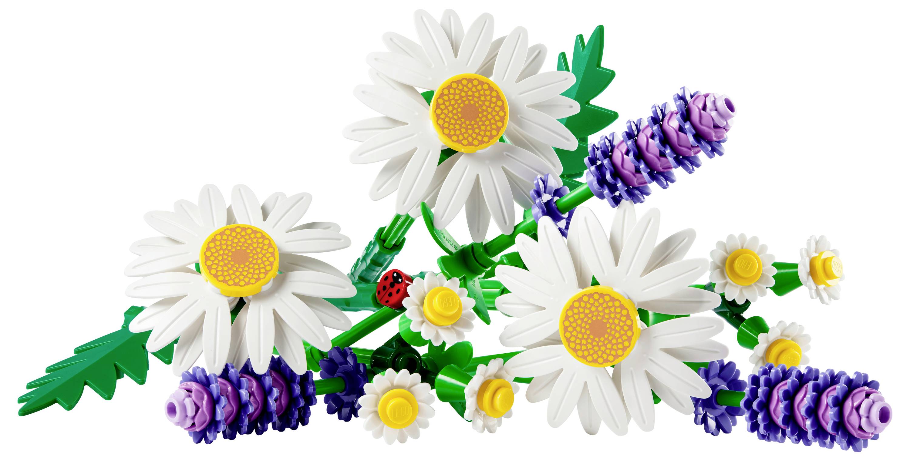 Spielzeugbausteine, die als Gänseblümchen und Lavendel angeordnet sind, mit einem kleinen Marienkäfer auf weißem Hintergrund.