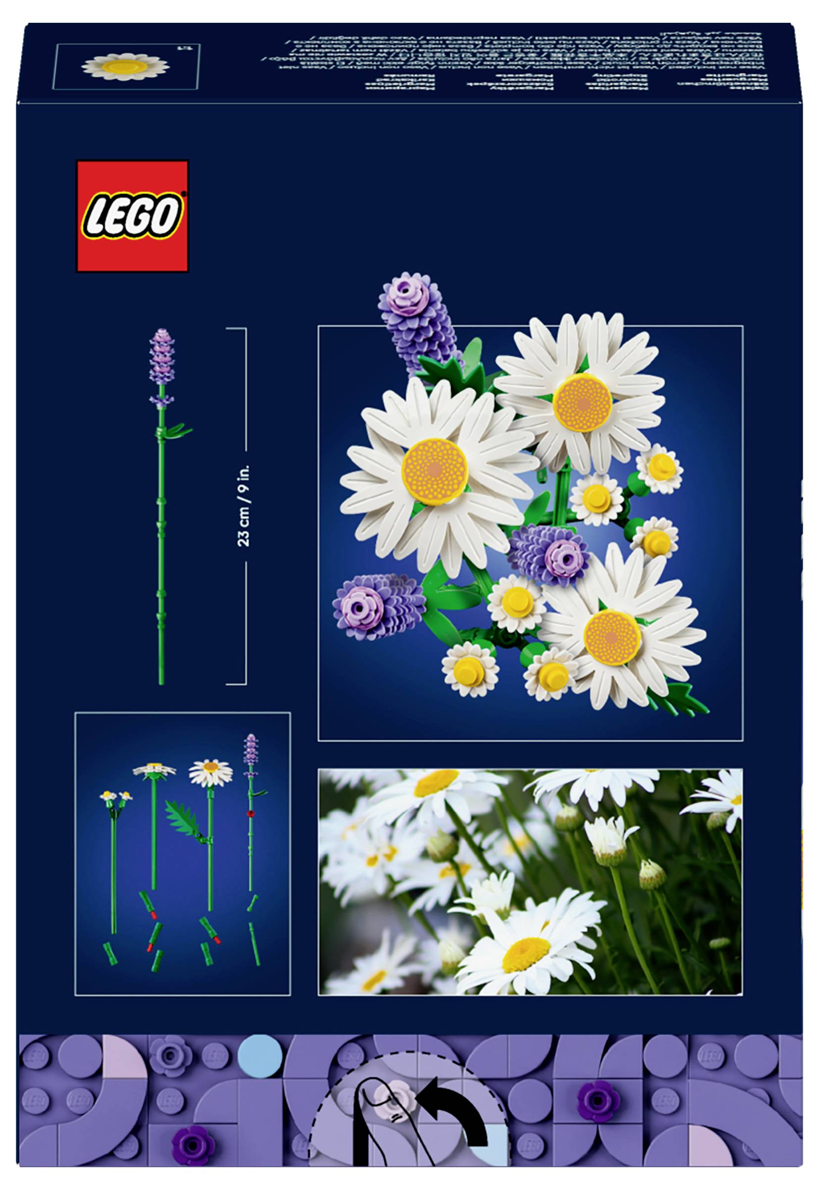 Set mit LEGO-Blumen-Box. Zeigt Bilder von Gänseblümchen und Lavendel, die aus LEGO-Teilen gebaut sind und realistische Blumendesigns und -details präsentieren.