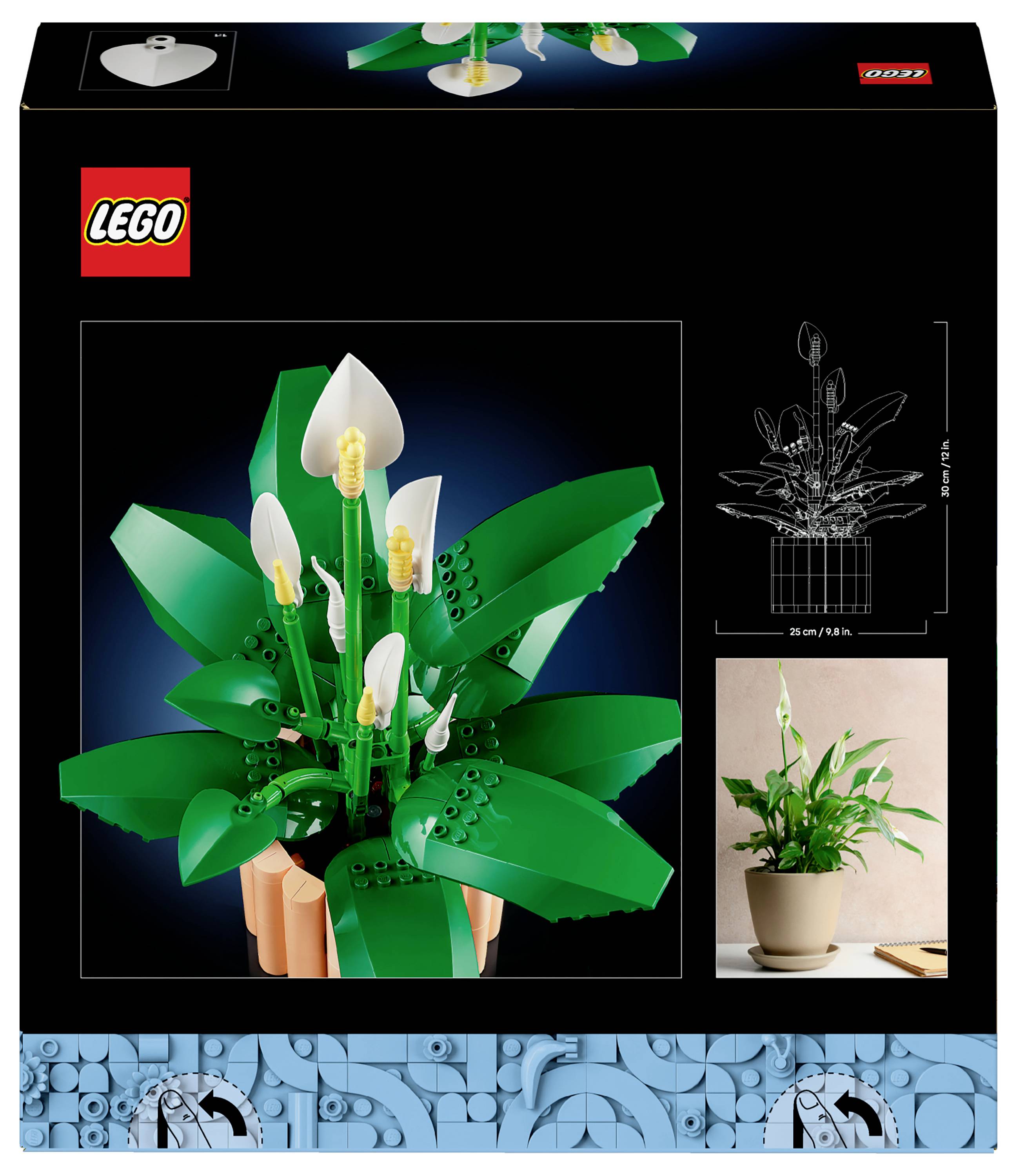 Eine Lego-Set-Box, die ein Modell von Anthurien mit dunkelgrünen Blättern und weißen Blüten zeigt, neben einem Foto der echten Pflanze.