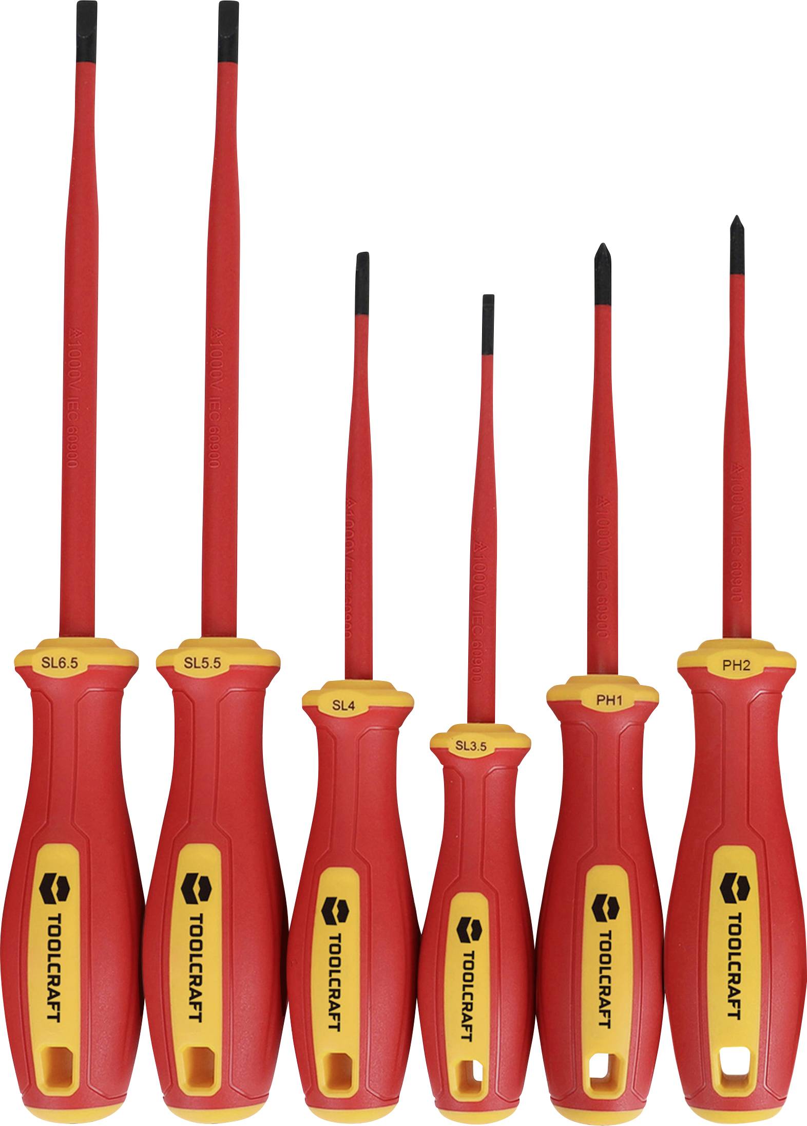 Sechs rote ToolCraft-Schraubendreher in verschiedenen Größen mit schwarzen Spitzen, angeordnet von größten bis kleinsten auf weißem Hintergrund.