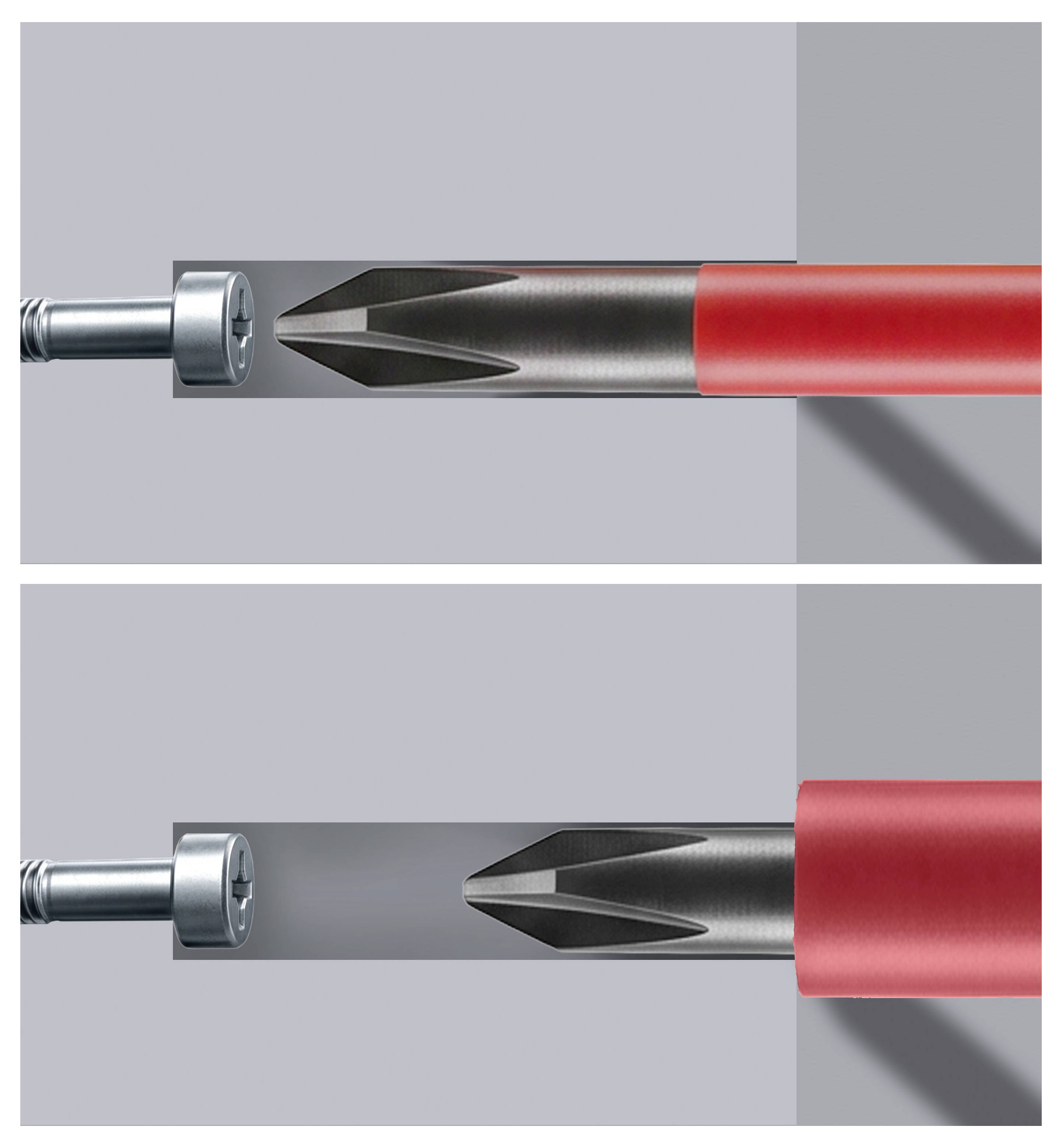 Zwei nebeneinander angeordnete Diagramme zeigen eine Metallkupplung, die in einen roten Schlauch oder ein rotes Rohr eingeführt wird, und veranschaulichen die Verbindung in zwei verschiedenen Positionen.