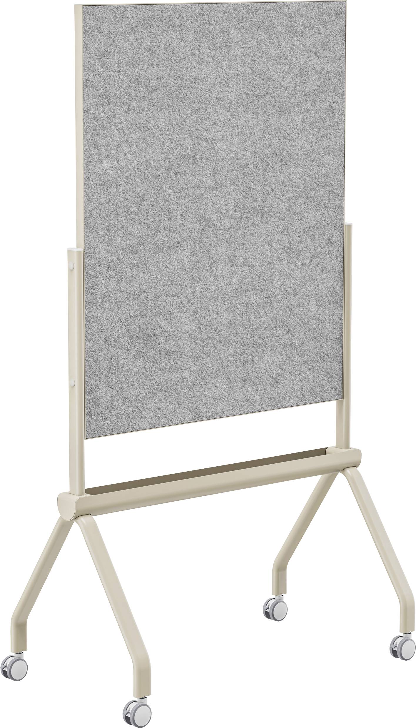 Eine graue, mit Stoff bezogene Trennwand auf einem beigen Ständer mit Rädern, geeignet zur Aufteilung von Büroräumen oder Klassenzimmern für Privatsphäre.