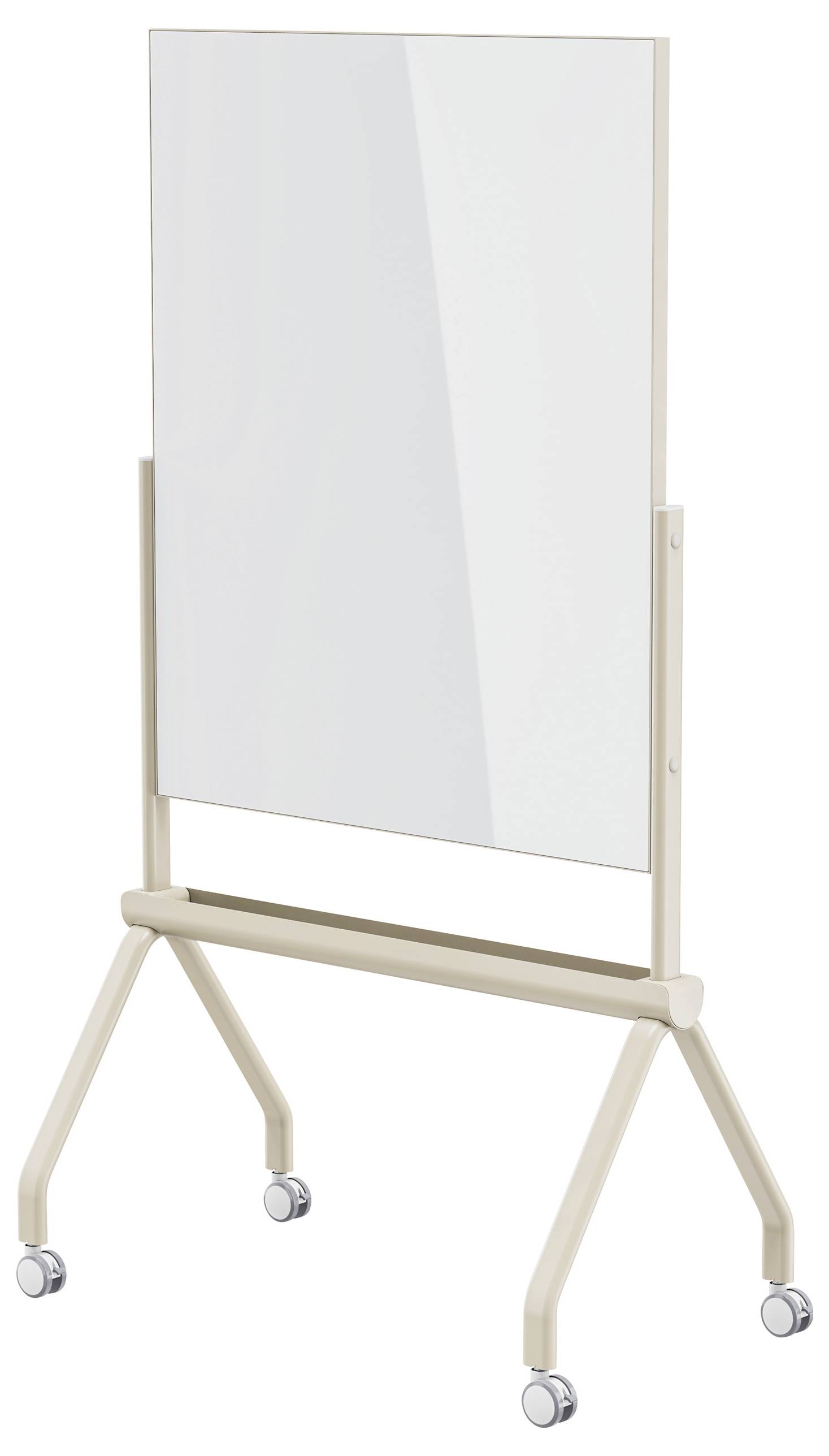 Ein mobiles Whiteboard auf Rollen mit einem beigen Rahmen, mit einer rechteckigen Tafel, die sich zum Schreiben oder für Präsentationen eignet.